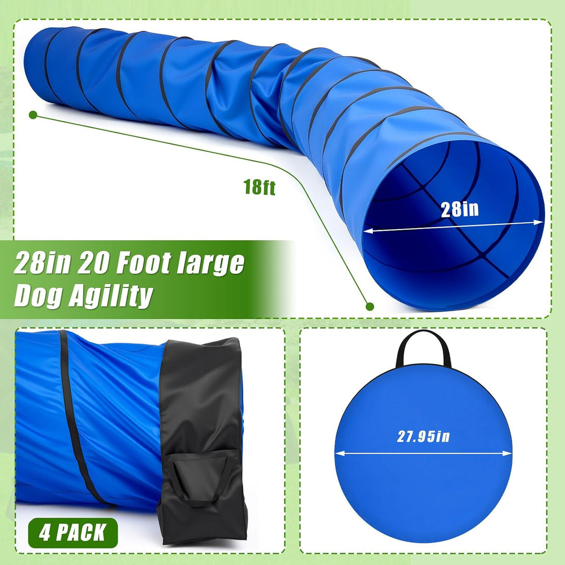 28 in 18 Foot Blue Extra Large Dog Agility Tunnel with Sandbags Dogs