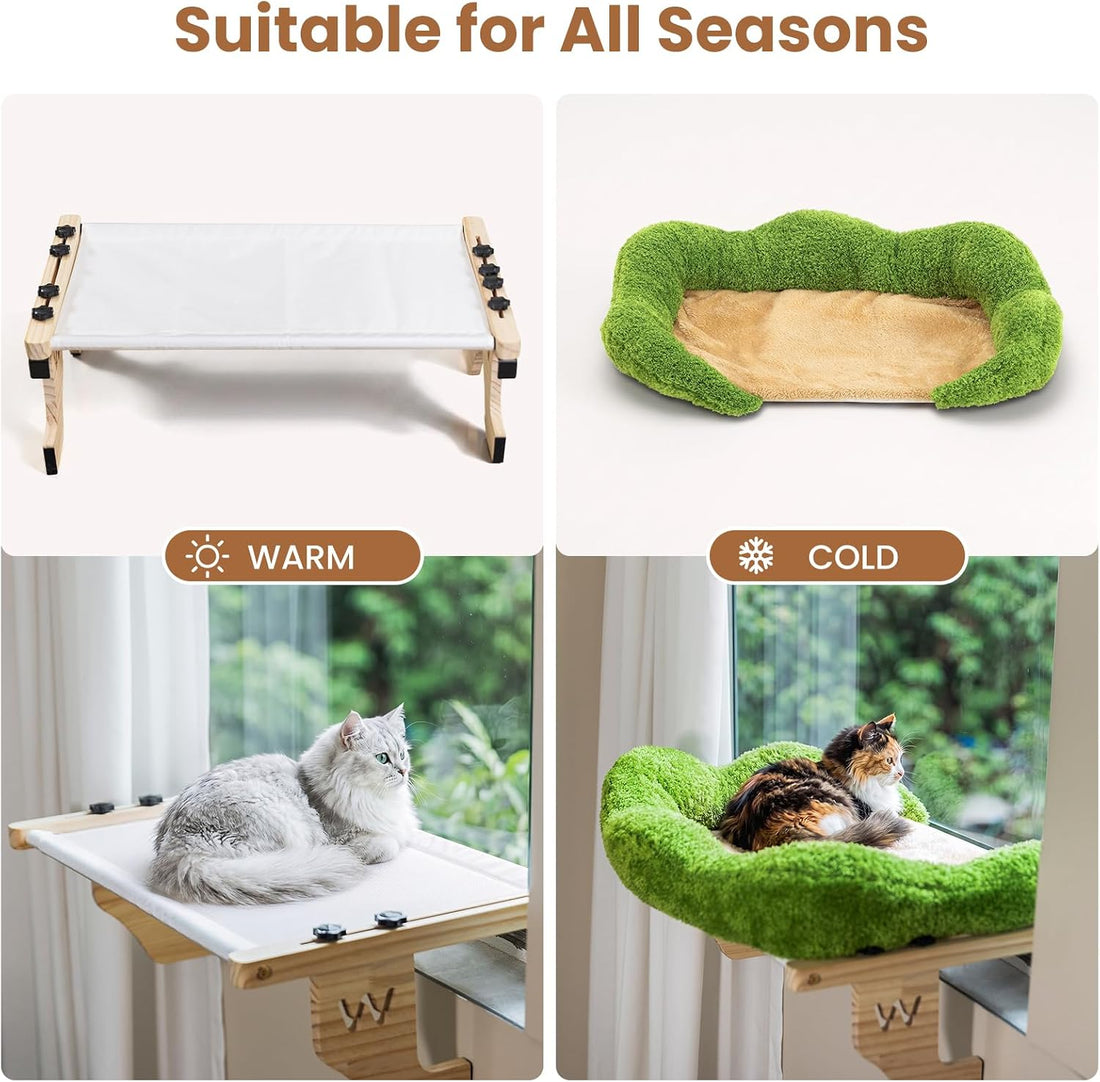 WOOCHPET Wooden Cat Window Perch, Cat Window Bed with Soft Cushion