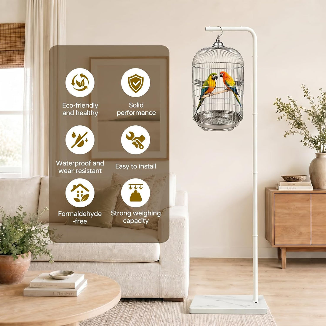 67 Inch Tall White Metal High Hanging Bird Cage Stand with Sturdy Base