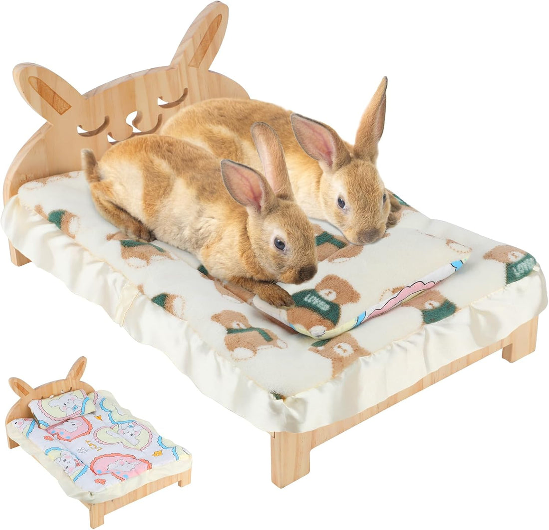 BWOGUE Large Wooden Rabbit Bed, Bunny Bed with Removable Cushion