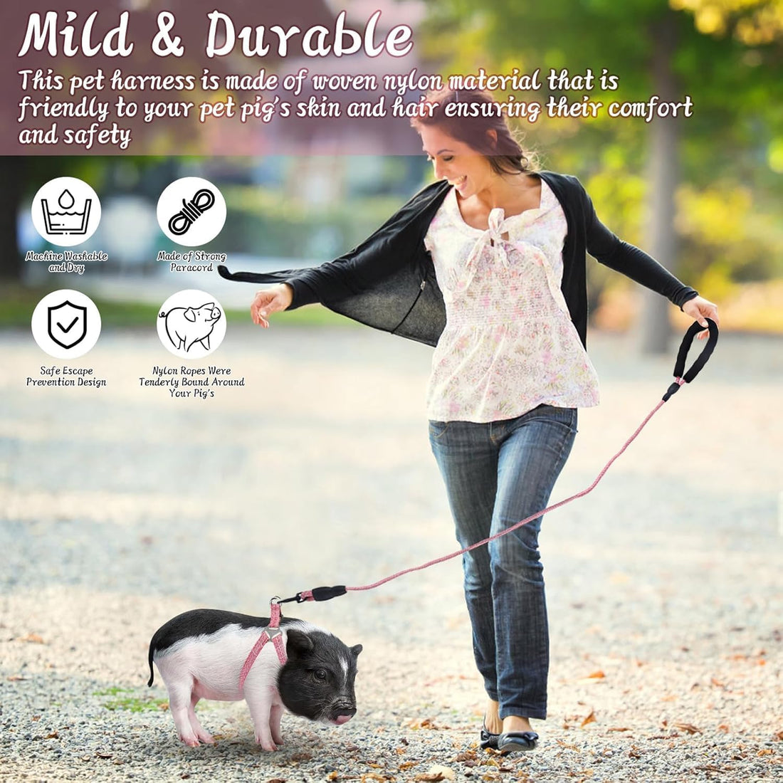 YeeBeny Mini Pig Harness Adjustable with Leash Foam Handle Pink, S