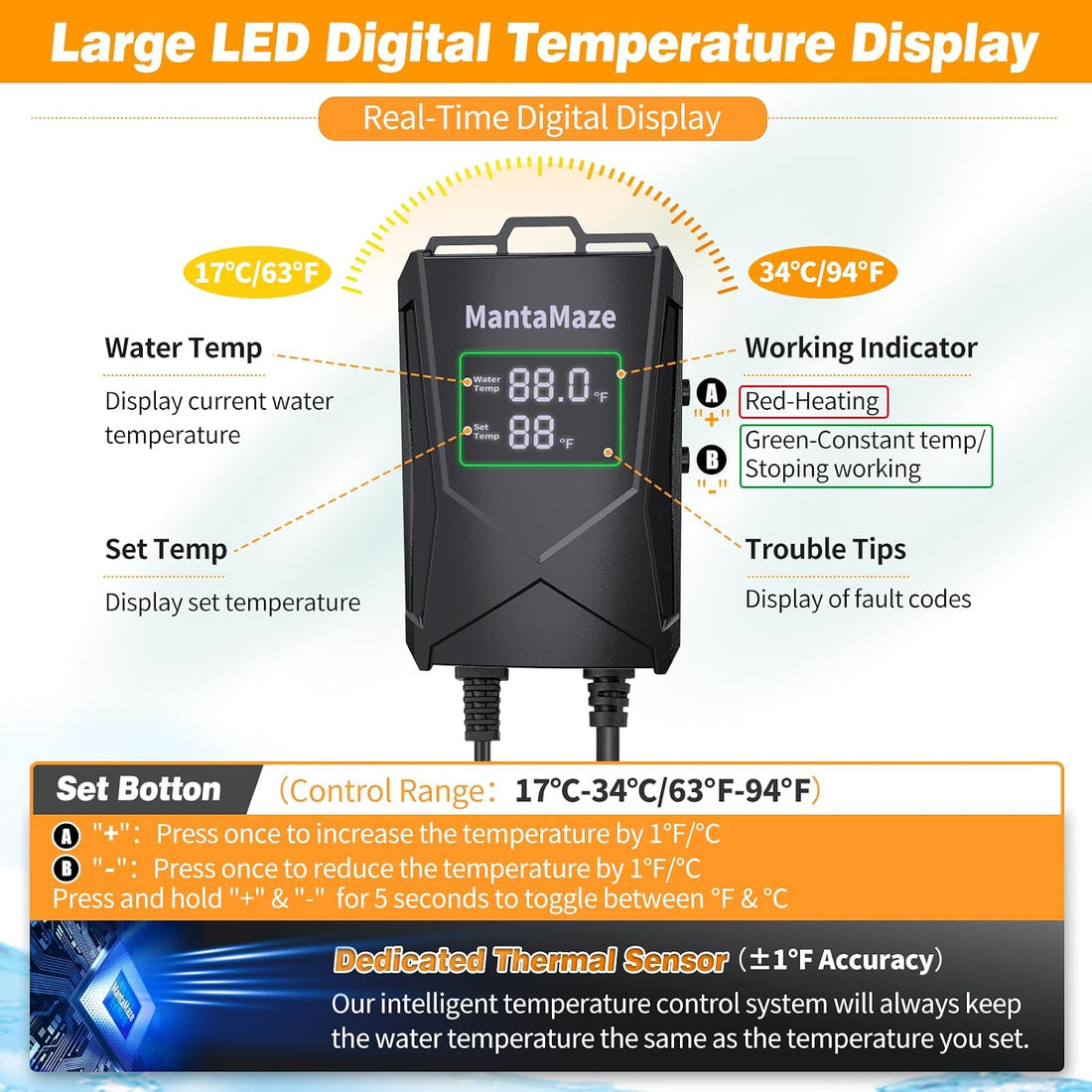 Submersible Aquarium Heater,300W/500W/800W/1000W Fish Tank Heater