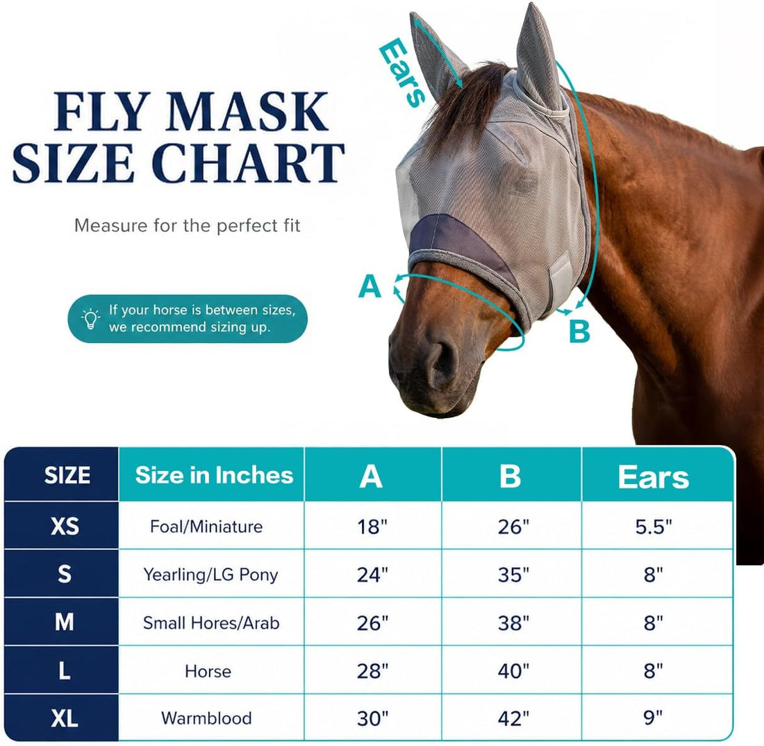 Horse Fly Mask with Ears - UV Protection Fine Mesh Super Comfort Fly