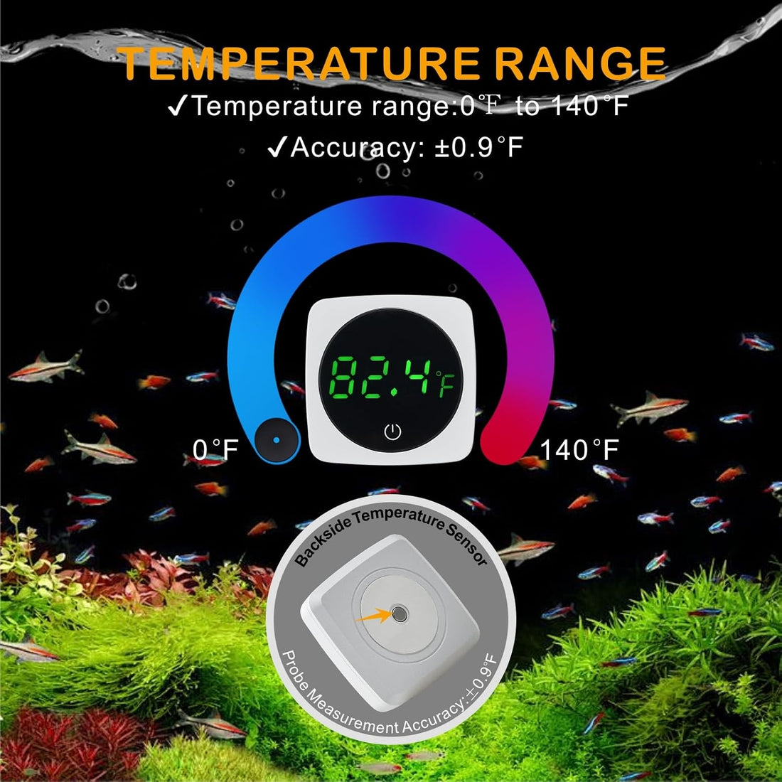 Aquarium Thermometer w/LED Touch ±0.9°F Stick On Fish Tank Betta