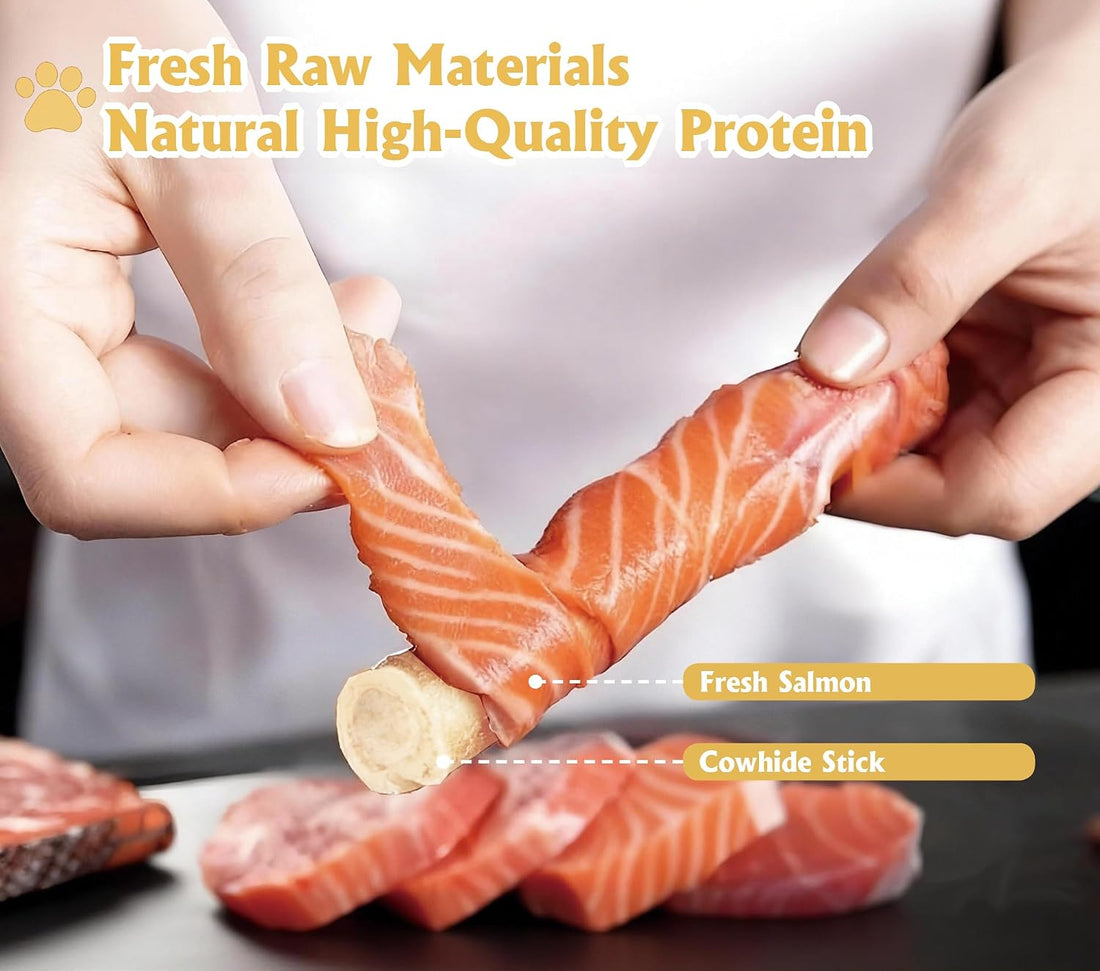 9 in Salmon Wrapped Rawhide Rolls, 160g, Long Lasting Chews for Dog