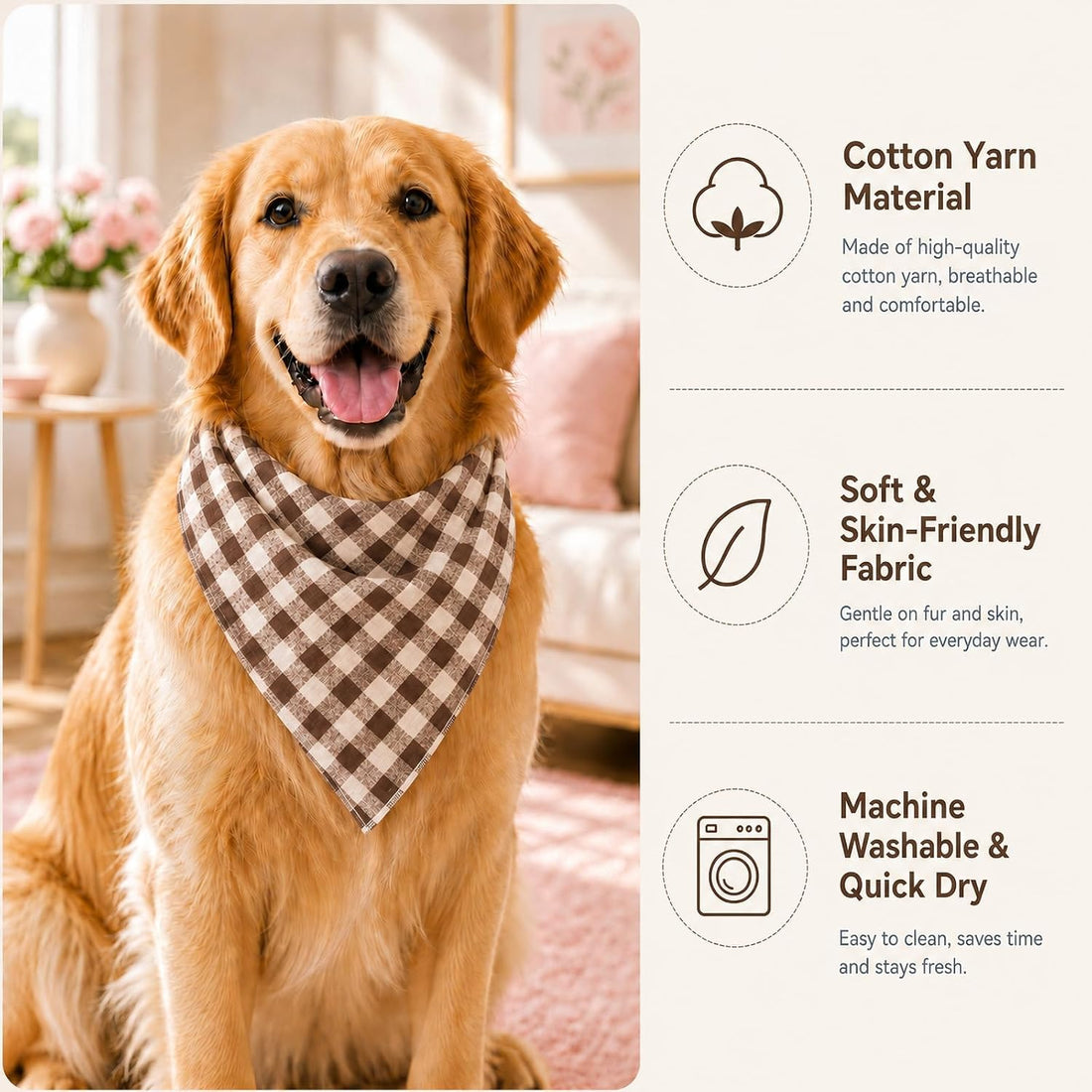 Khaki Plaid Dog Bandana 1 Pack, Fits Neck Up to 18"