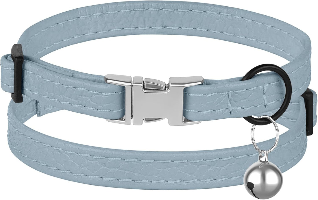 Leather Cat Collar with Buckle and Removable Bell