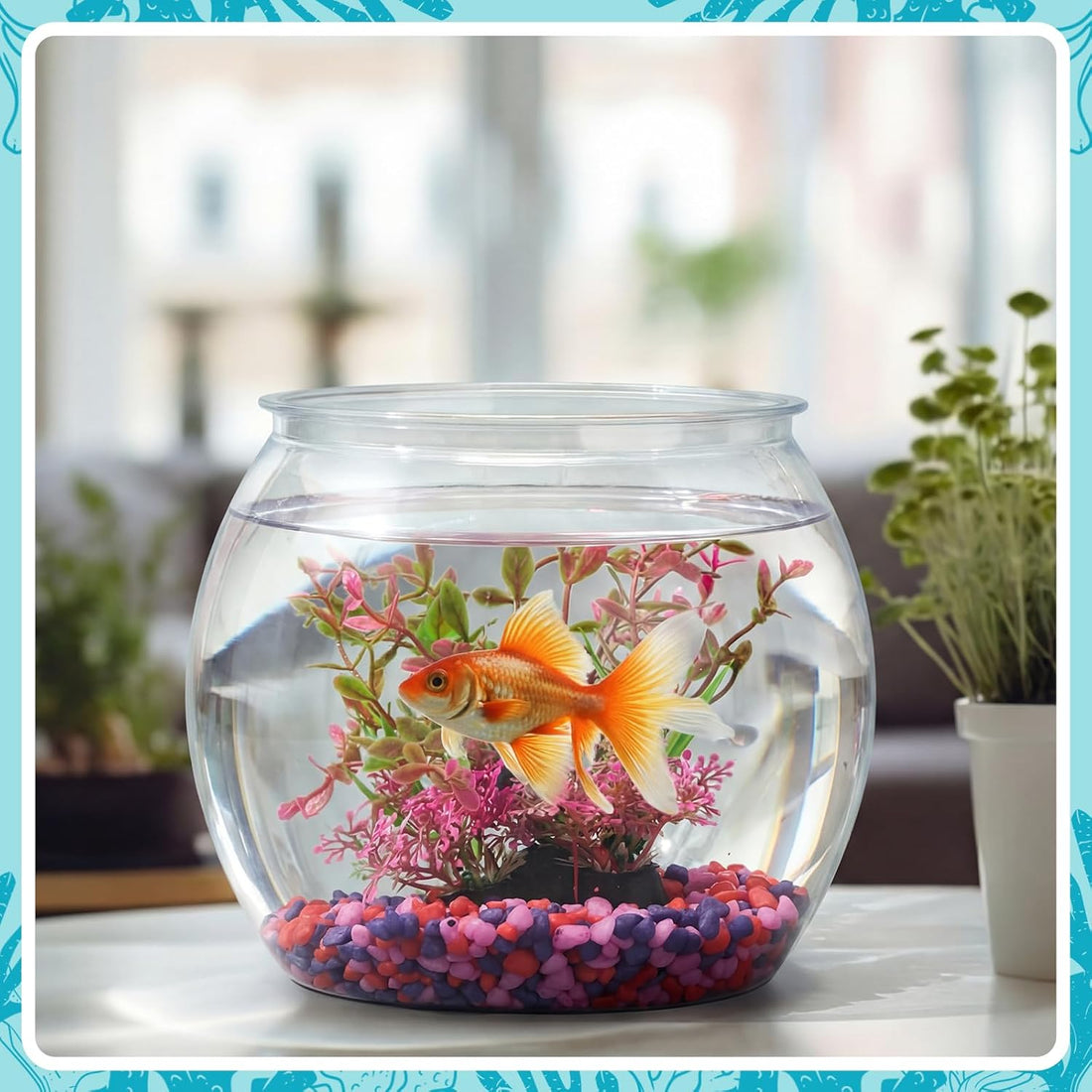 1 Gallon Plastic Fish Bowl,Red,Red Aquatic Plant