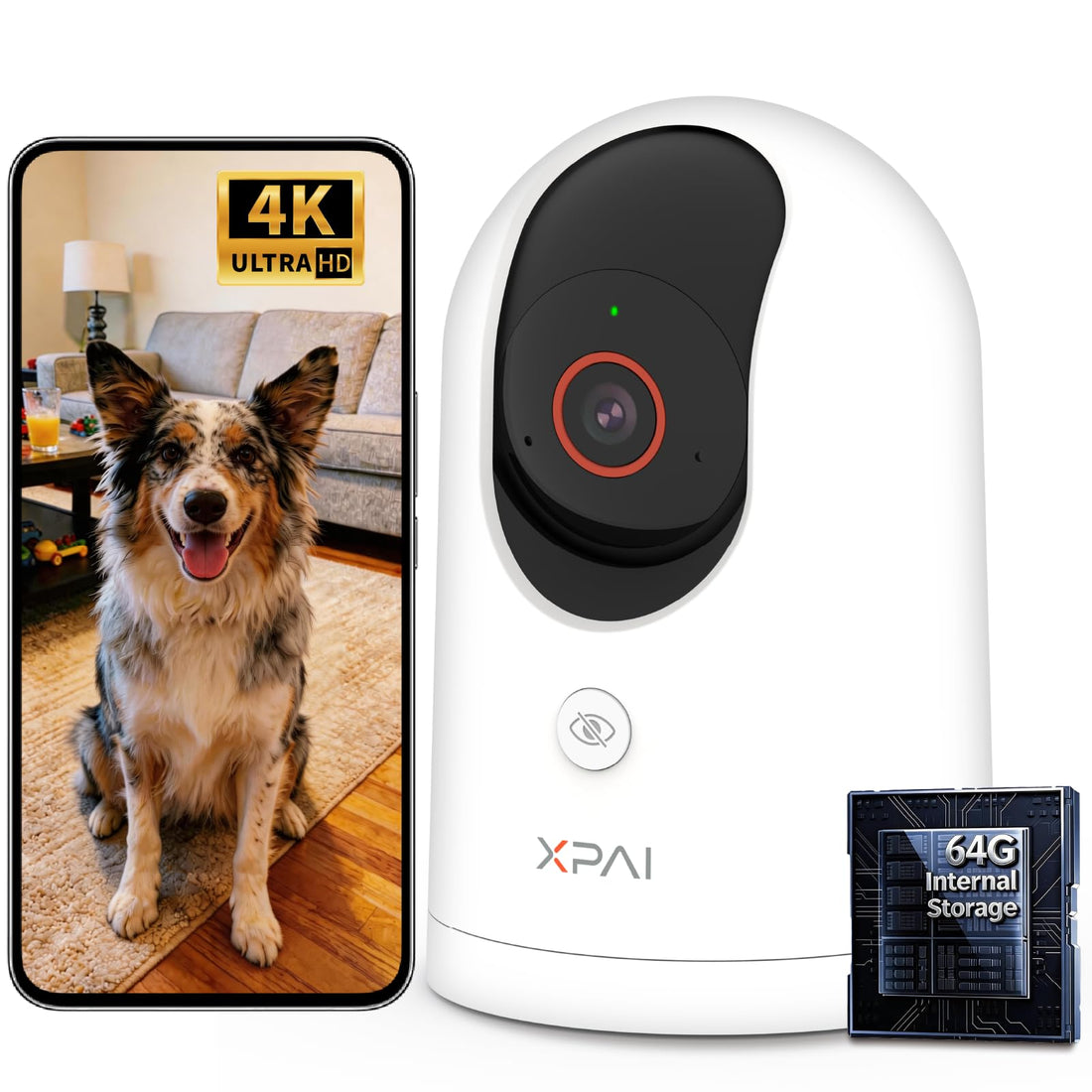 xpai 4K UHD Indoor Camera, 64G Built-in Storage No Subscription,Pet
