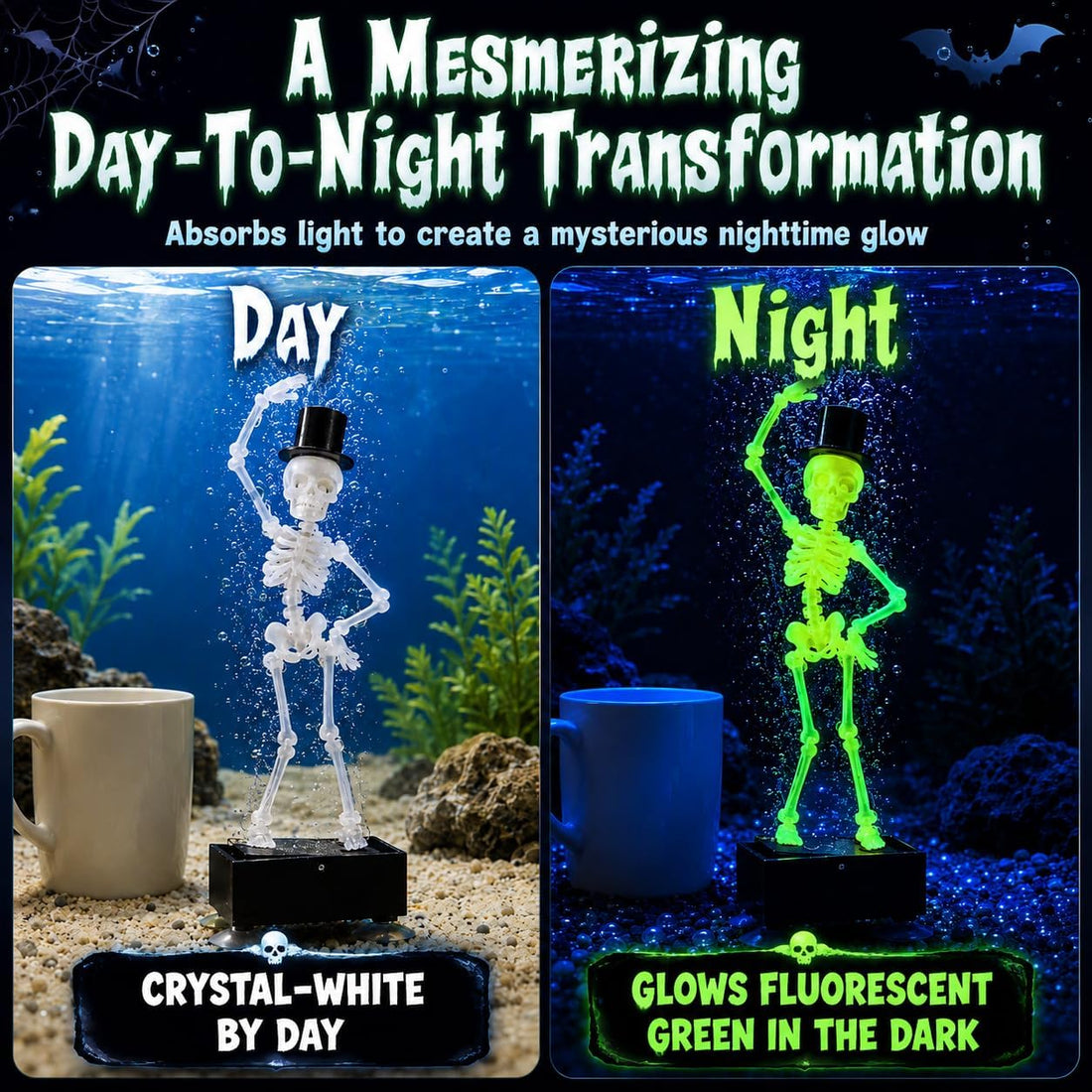 Fluorescent Green Dancing Skeleton Aquarium Bubbler with 3.3 ft Hose