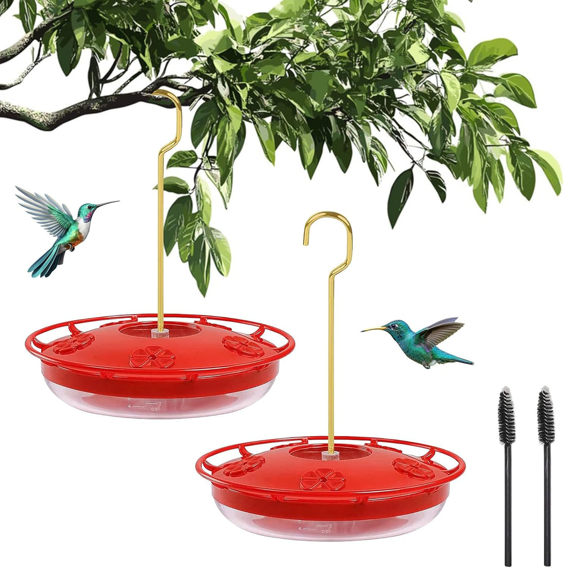 2 Pack Hummingbird Feeders for Outdoors, 5 Feeder Ports with Brush