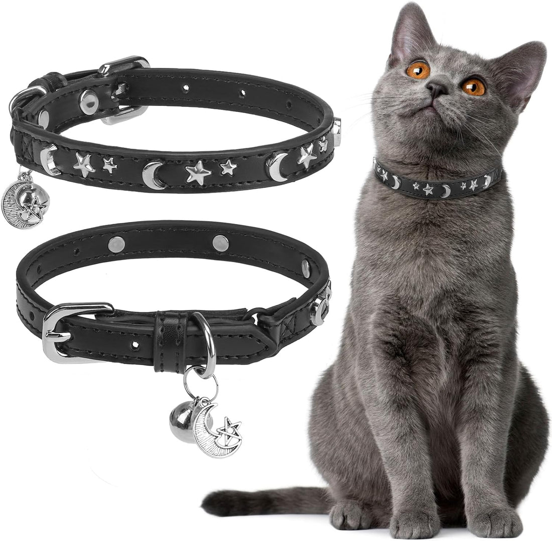 EXPAWLORER Leather Cat Collar for Girl Boy Cats,Black(Skull),S
