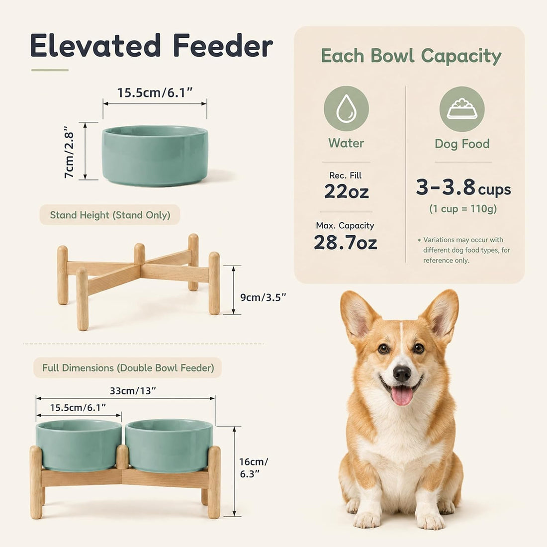 Havniva 6.1inch Ceramic Raised Dog Bowl with Stand