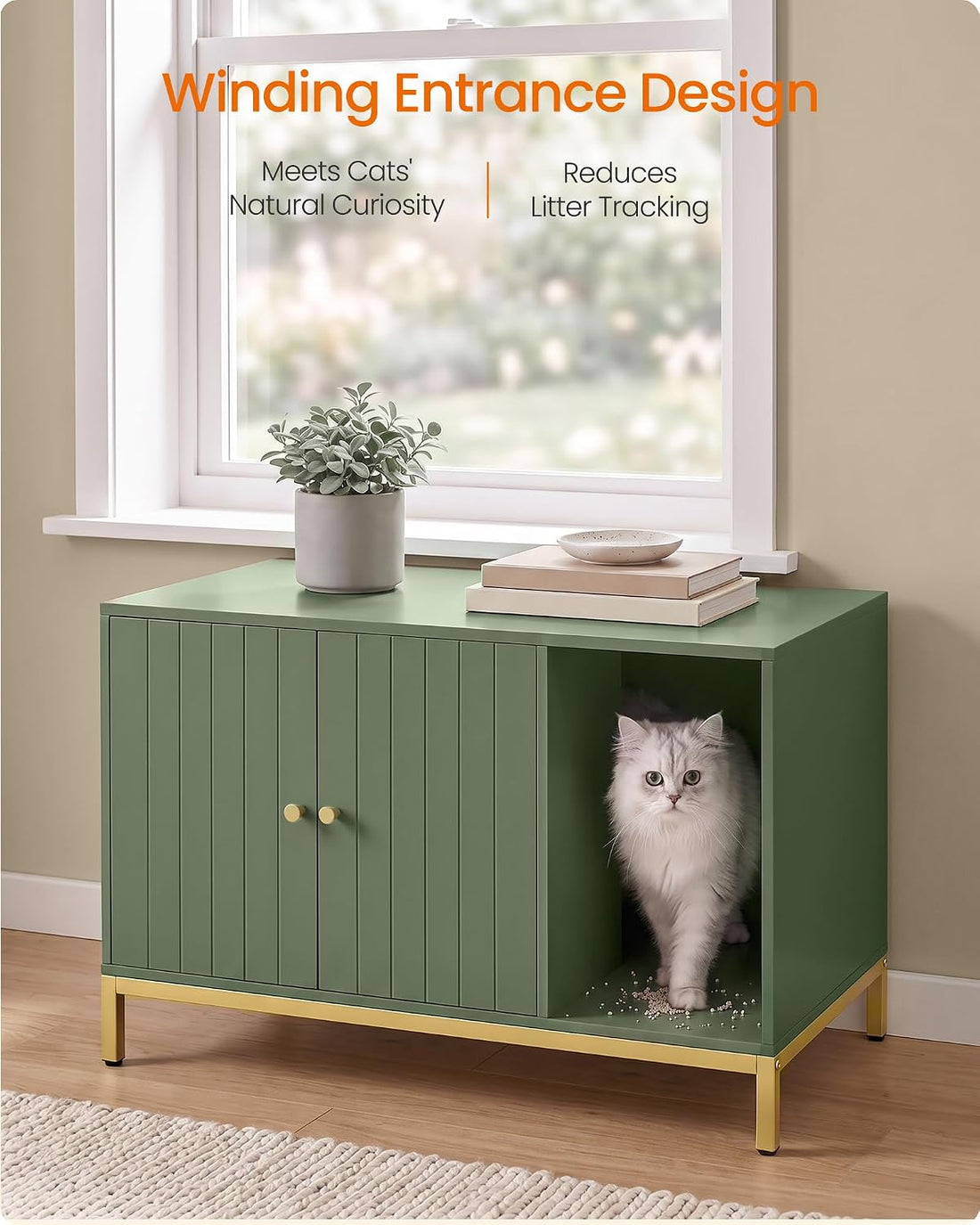 Feandrea Cat Litter Box Enclosure, with Scratching Mat, Tall Legs