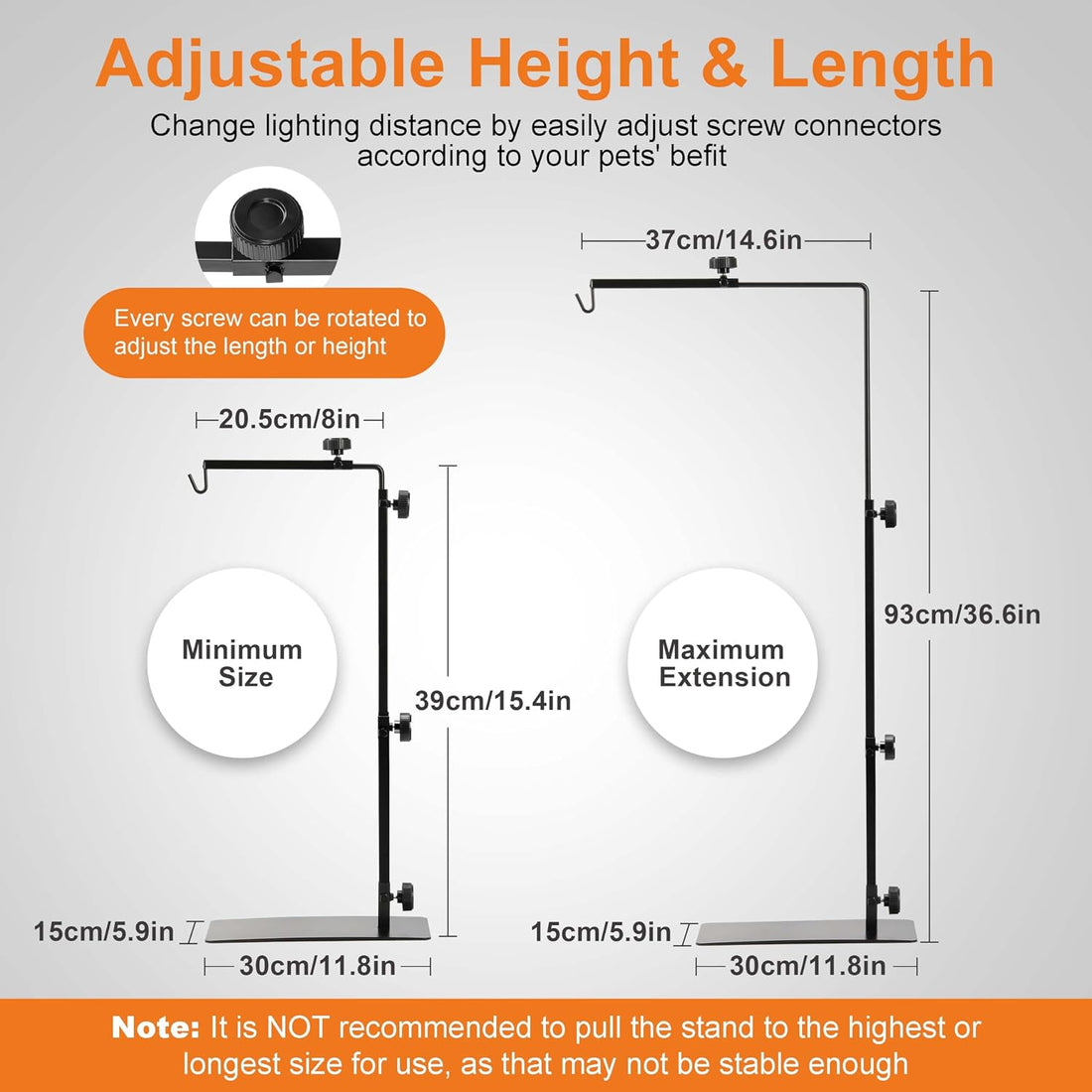 Simple Deluxe Reptile Lamp Stand Adjustable 14-26 inch Metal Bracket