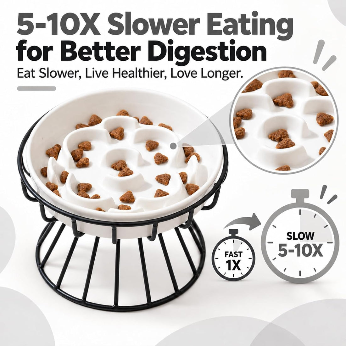 Raised Slow Feeder Cat Bowl - Ceramic Cat Slow Feeders with Stand