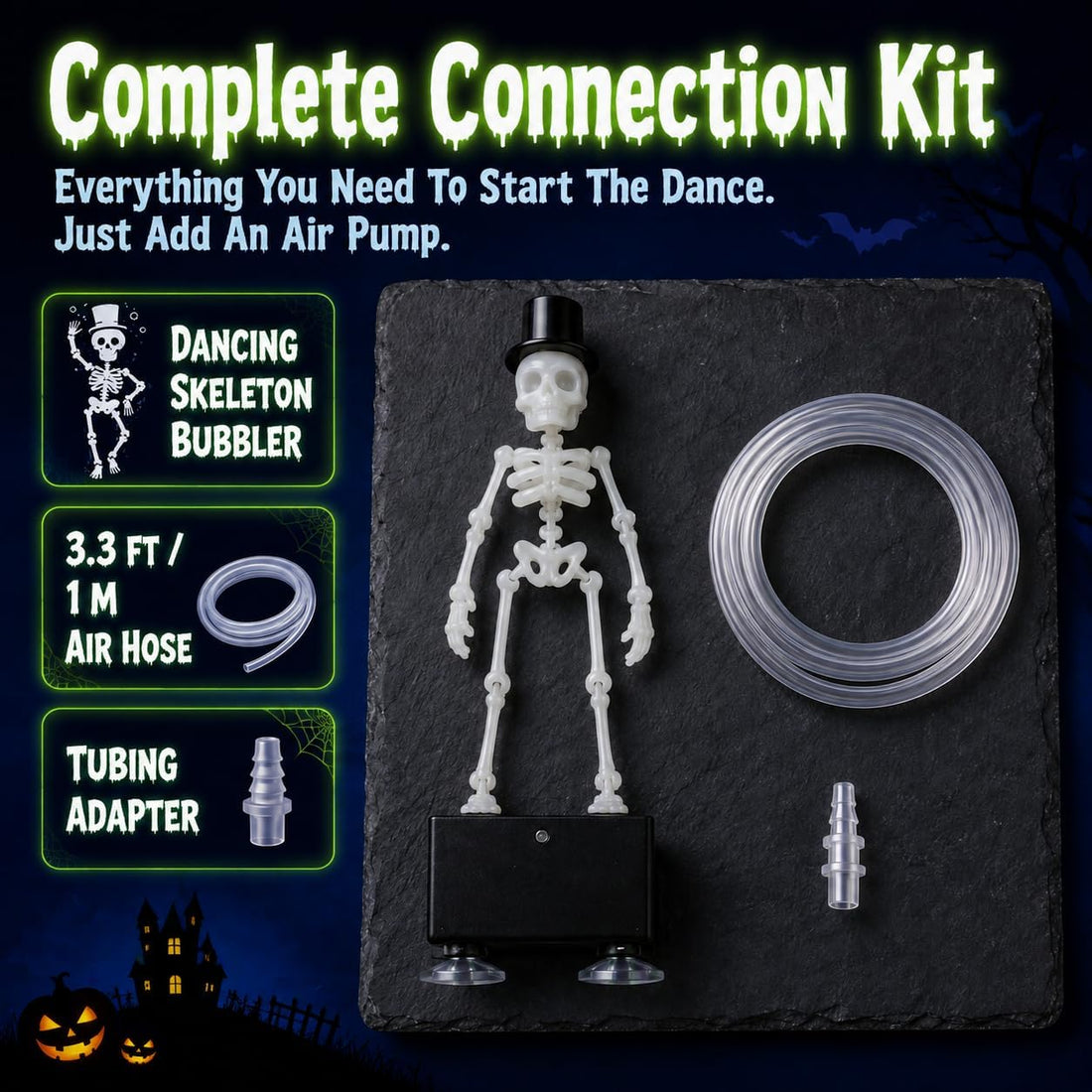 Fluorescent Green Dancing Skeleton Aquarium Bubbler with 3.3 ft Hose