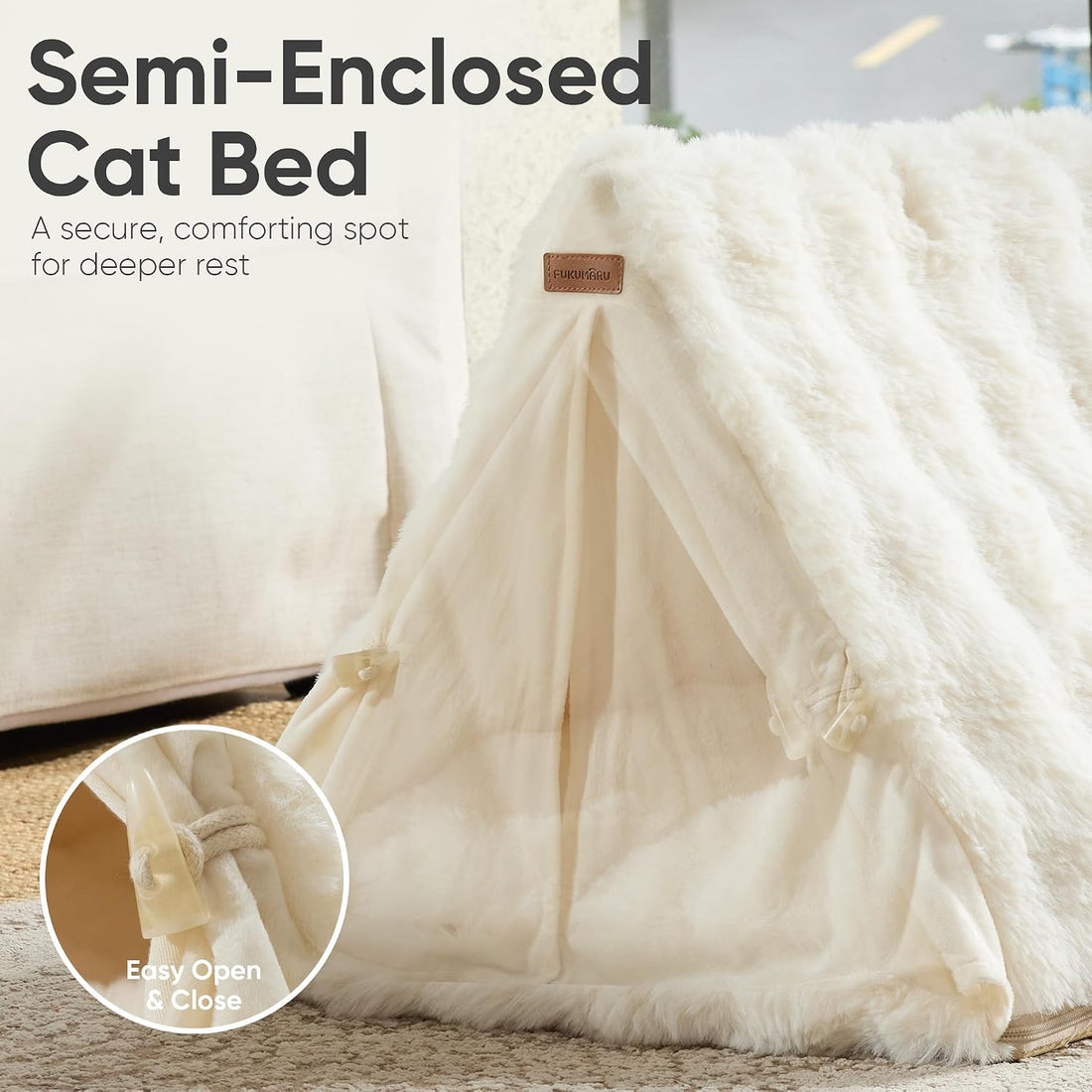 FUKUMARU Cat Cave Bed, Sturdy Frame Washable Cat Tent Bed with Curtain