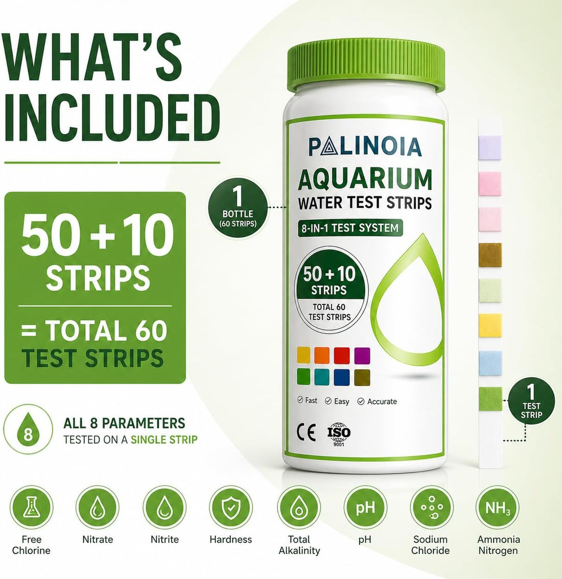 Palinoia 8-in-1 Aquarium Water Test Strips, 60 Count