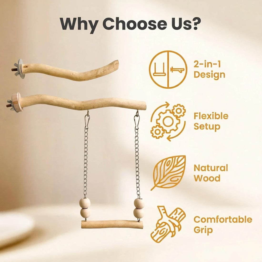 Bird Perch and Swing for Small Birds, Natural Wood Cage Accessories