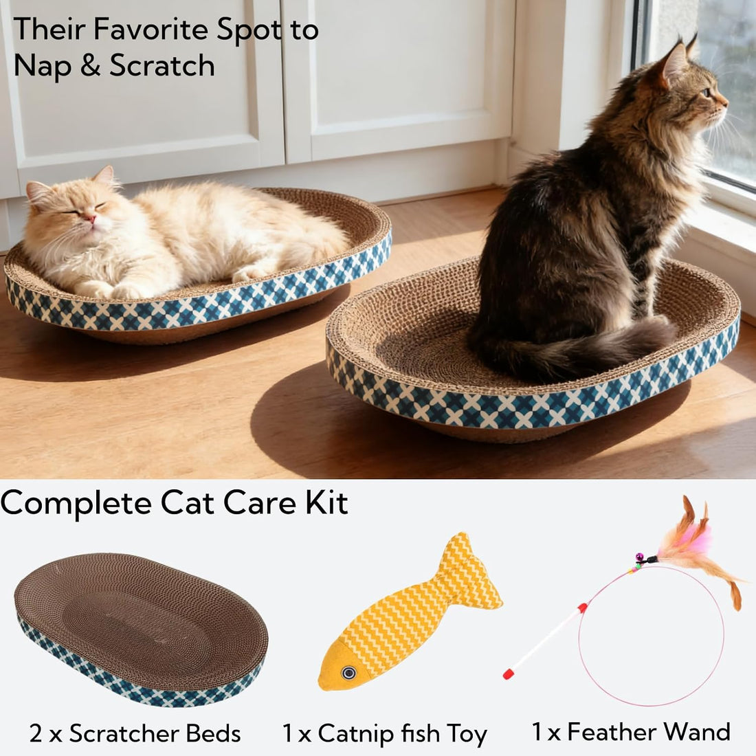 Cat Scratcher Bed with Toys, 2 Pack Oval Cat Scratcher Cardboard