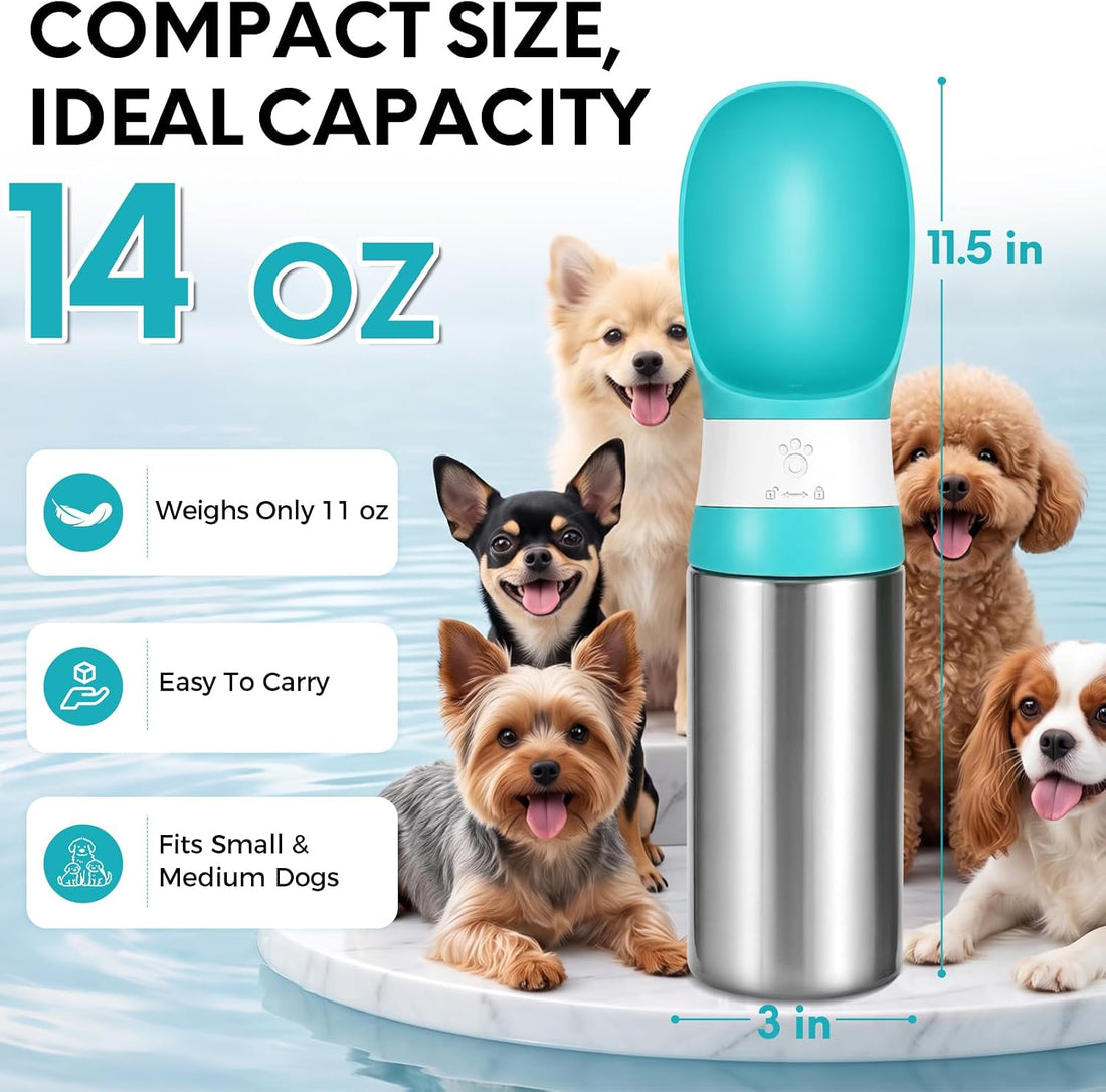 Portable Dog Water Bottle, 14 OZ Stainless Steel Pet Travel Bowl, Blue