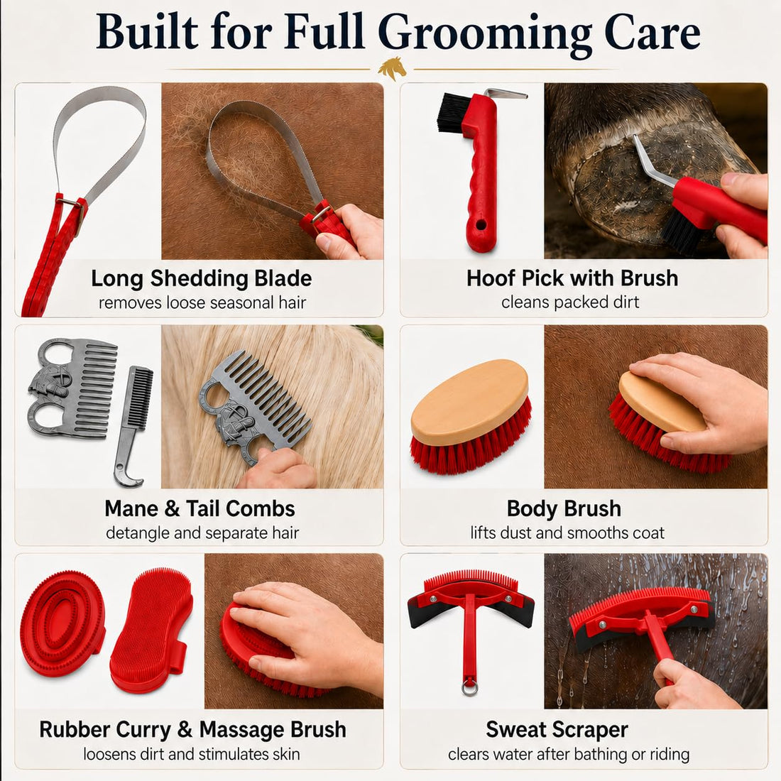 Horse Grooming Kit, 15-Piece Horse Brush Set with Red Tote Bag