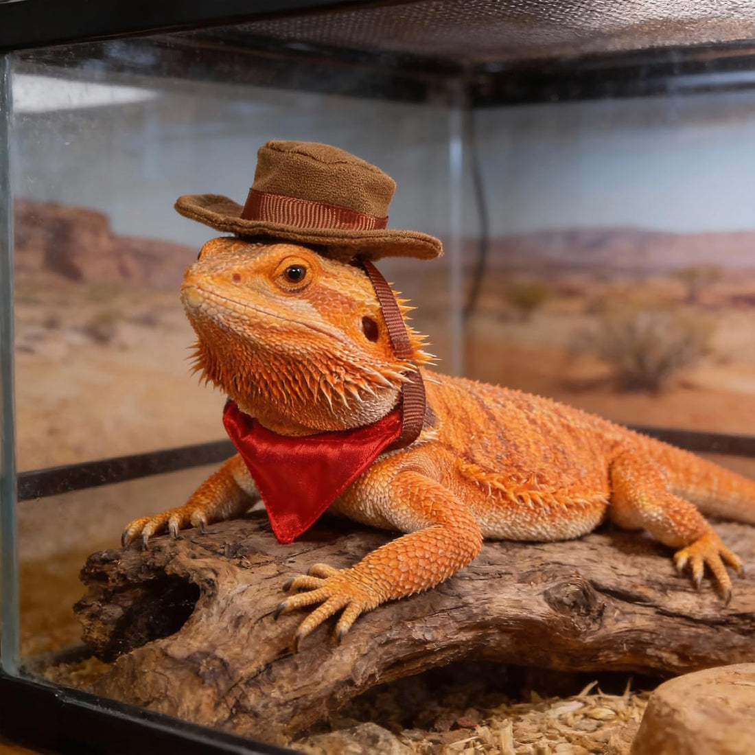 2Pcs Bearded Dragon Hat and Bandana Set Adjustable Lizard Cowboy Hat