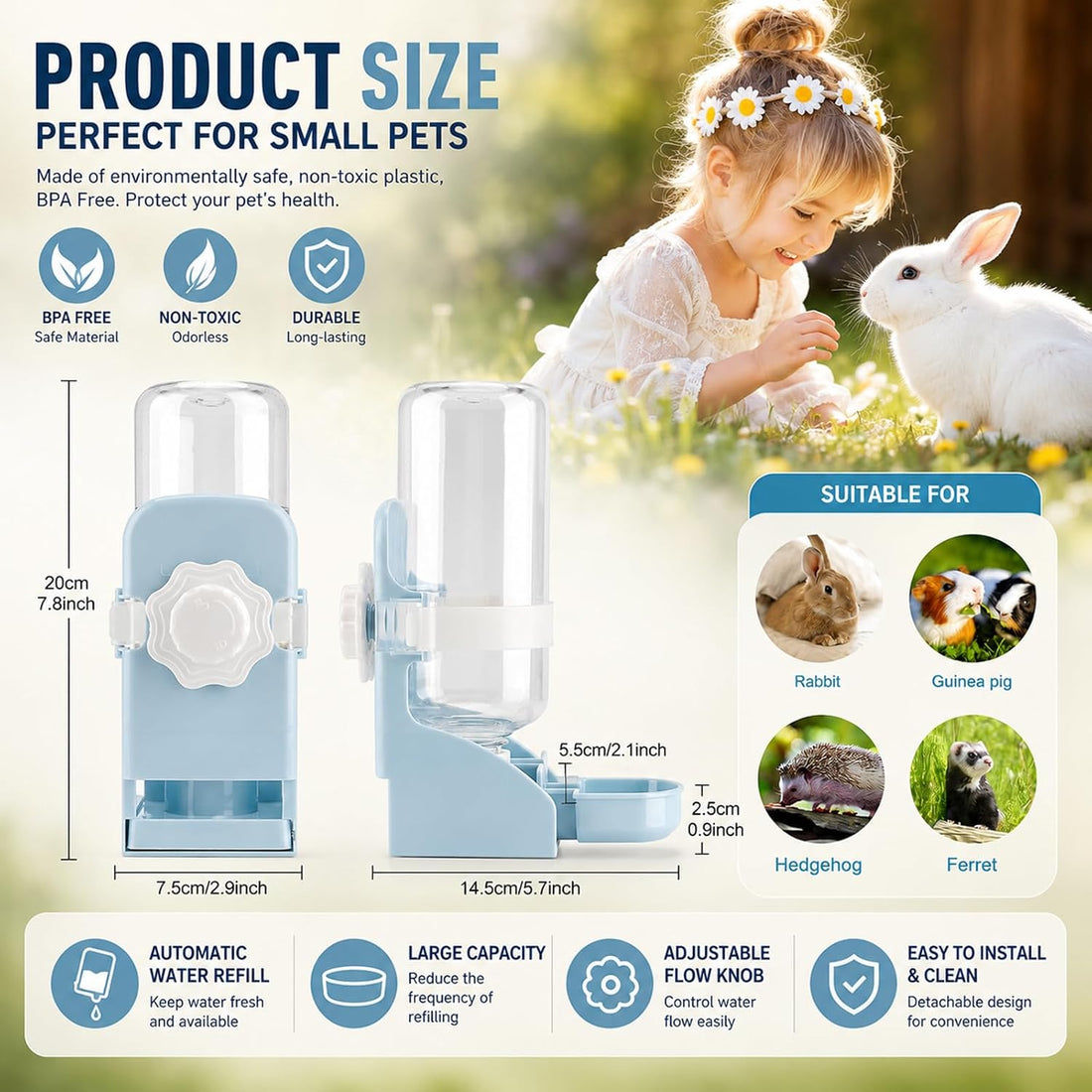 Rypet Rabbit Water Bottle No-Drip, Bunny Guinea Pig Water Dispenser