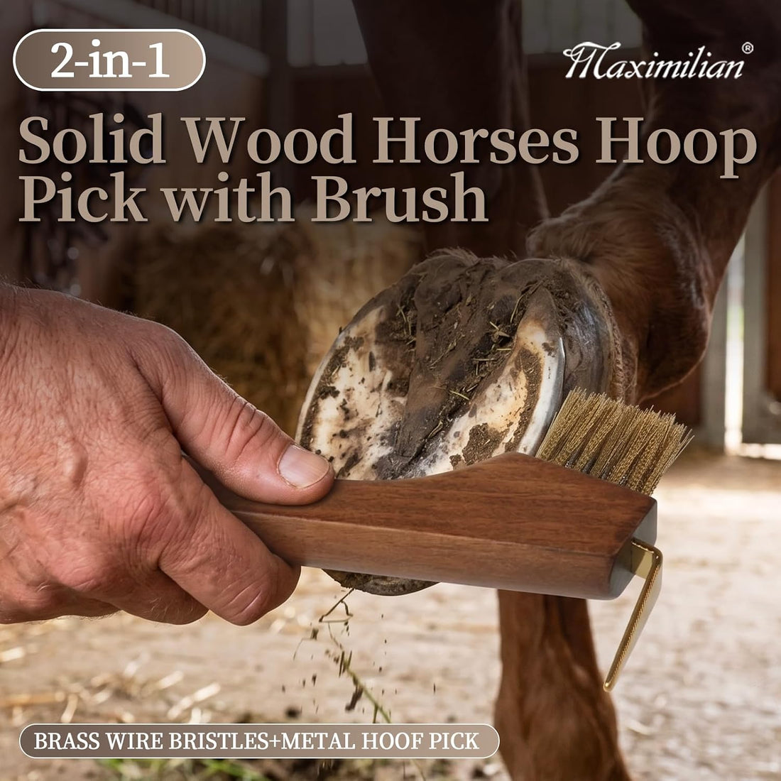 MAXIMILIAN 2-in-1 Solid Wood Horse Hoop Pick with Brush