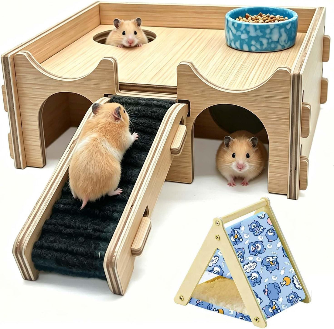 Wooden Hamster Hideout House with Platform, Bowl & Ladder