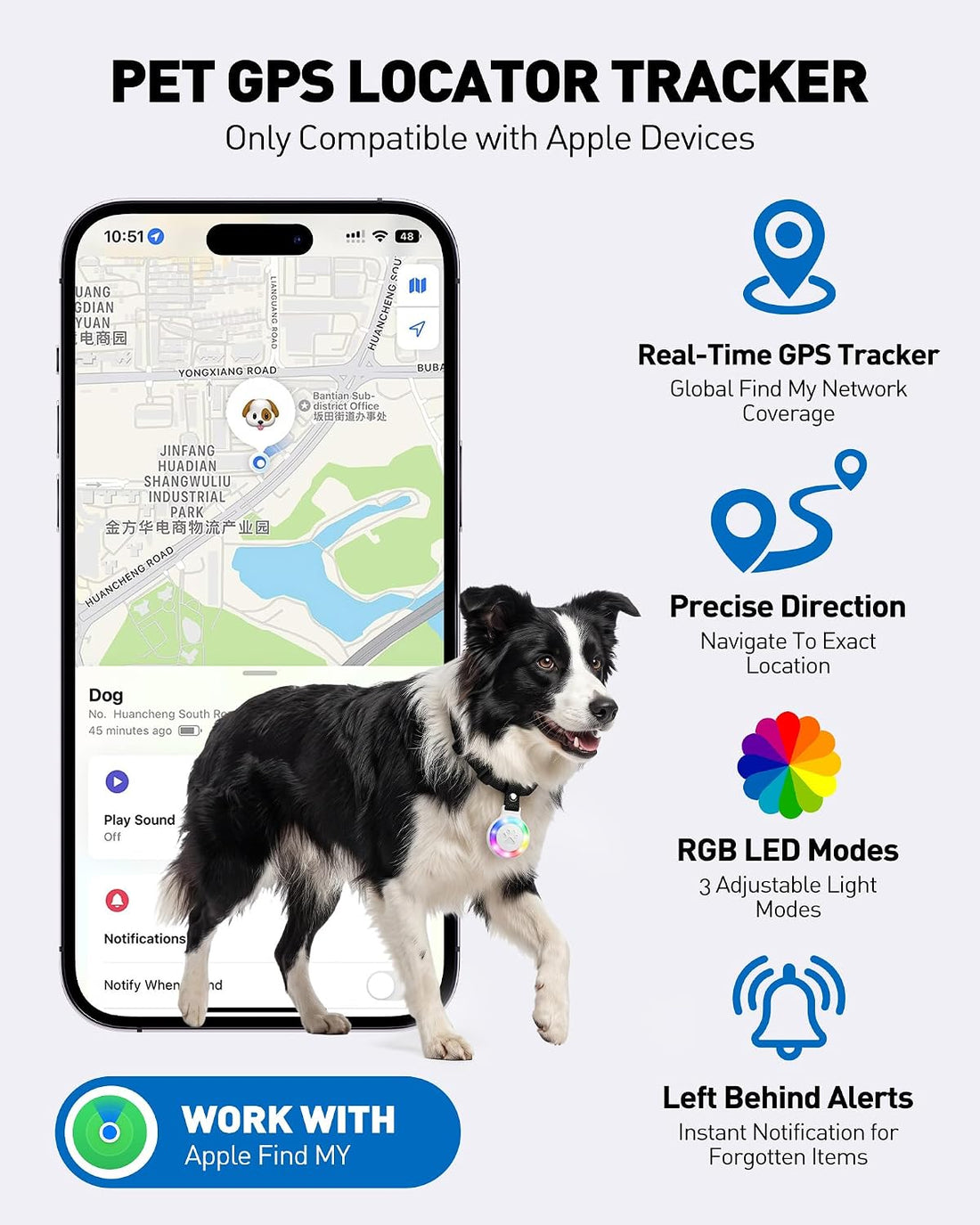 Pet Tracker for Dogs Cats, Location & LED Night Light Tag