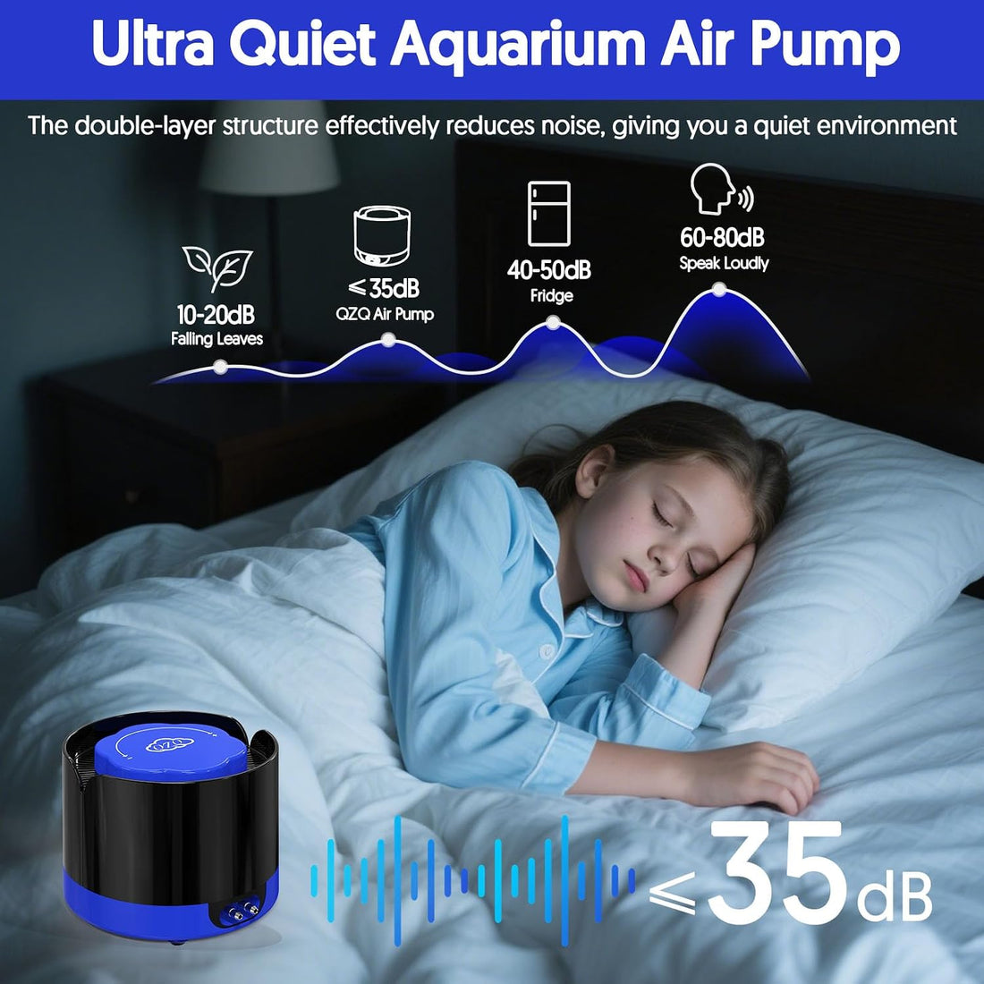 QZQ Aquarium Air Pump, Quiet Fish Tank Air Pump with Dual Outlets
