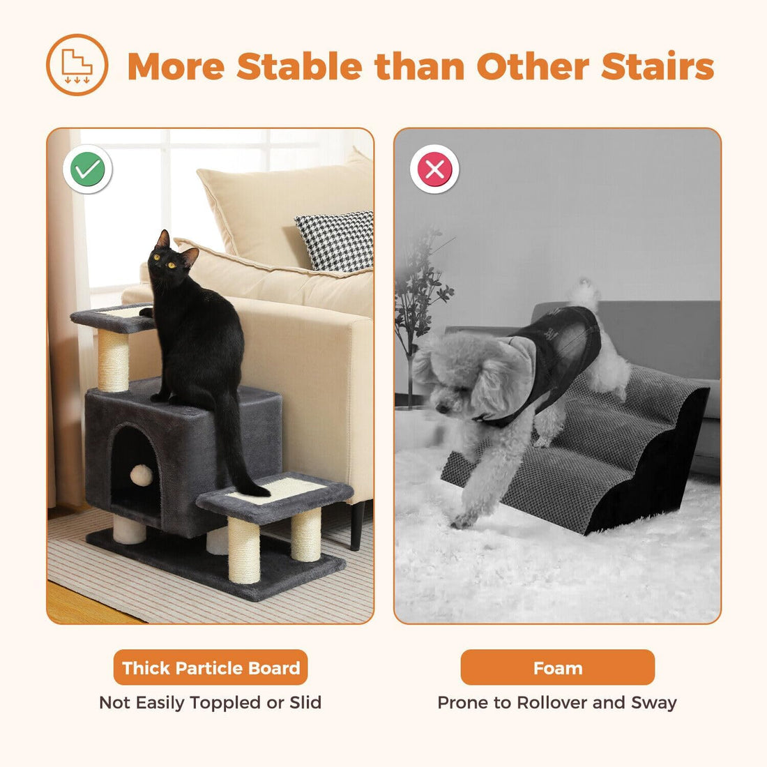 3-in-1 Cat Stairs with Scratching Post & Condo, Pet Steps