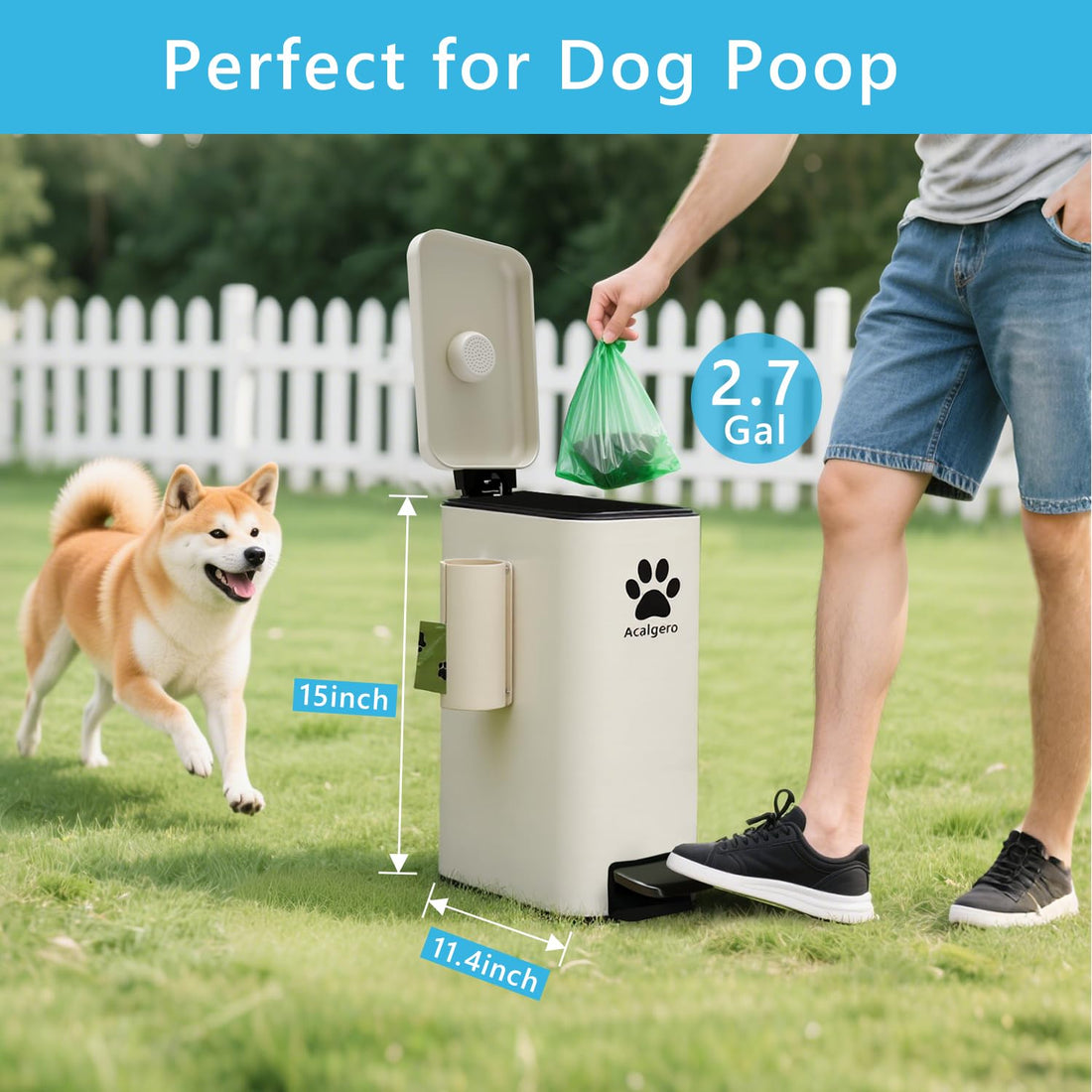 Dog Poop Trash Can Outside with Magnetic Bag Dispenser-Metal Dog