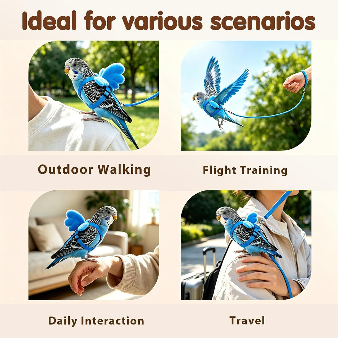 Pet Parrot Bird Harness and Leash, 2m Adjustable Polyester Rope