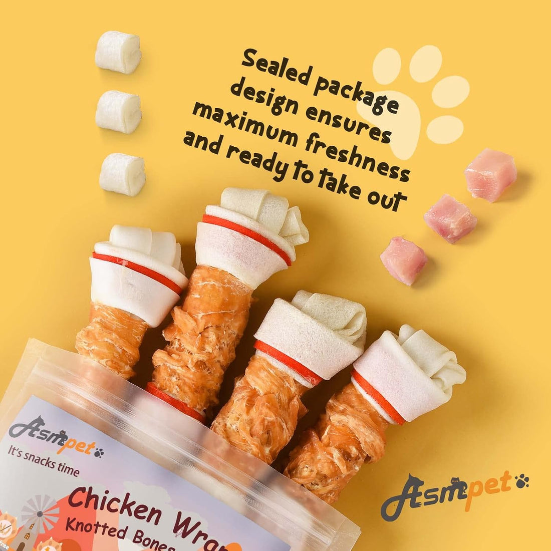 Dog Treats Chews, 6.5" Chicken Wrapped Rawhide Knotted Bones