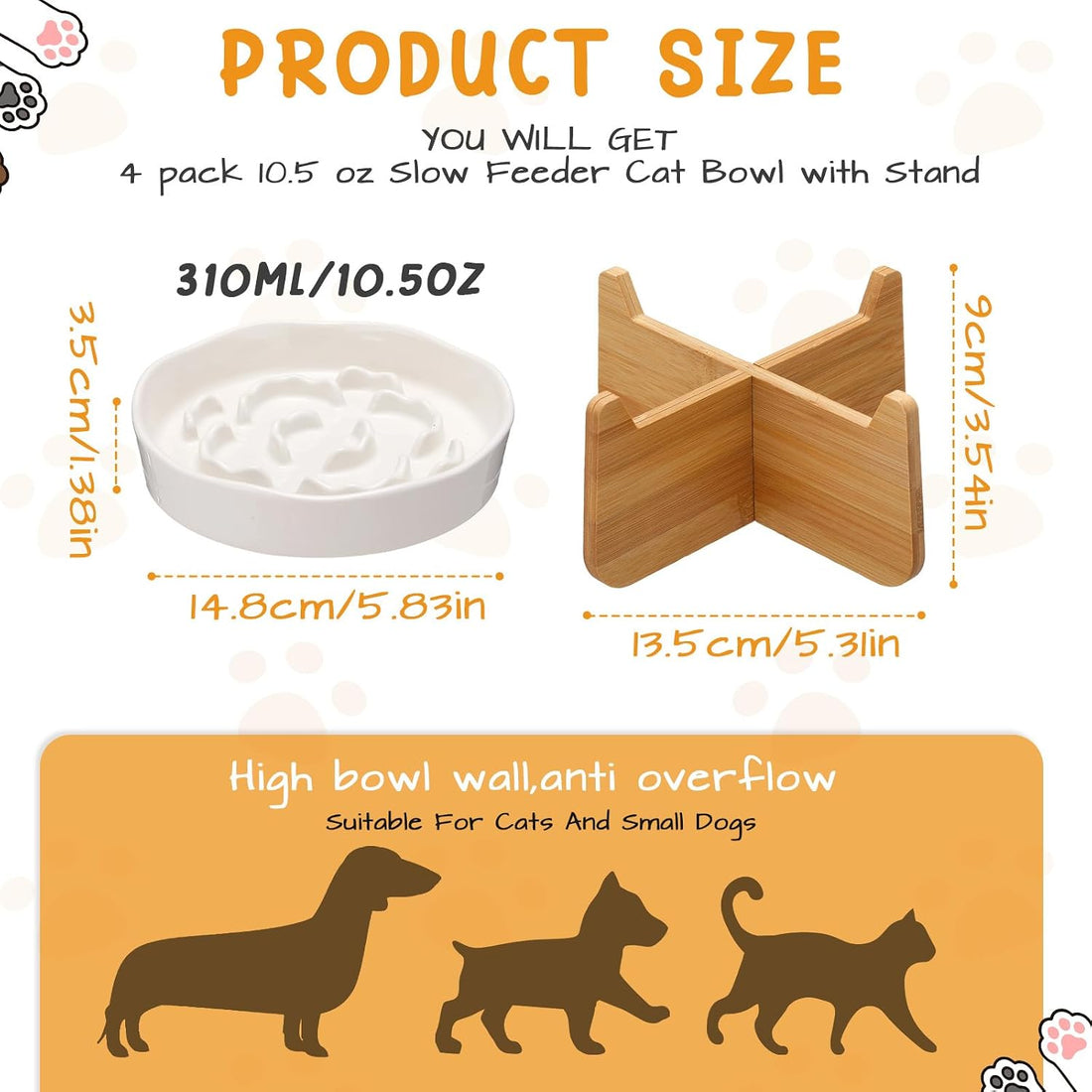 2 Set Raised Slow Feeder Cat Bowl with Stand Ceramic