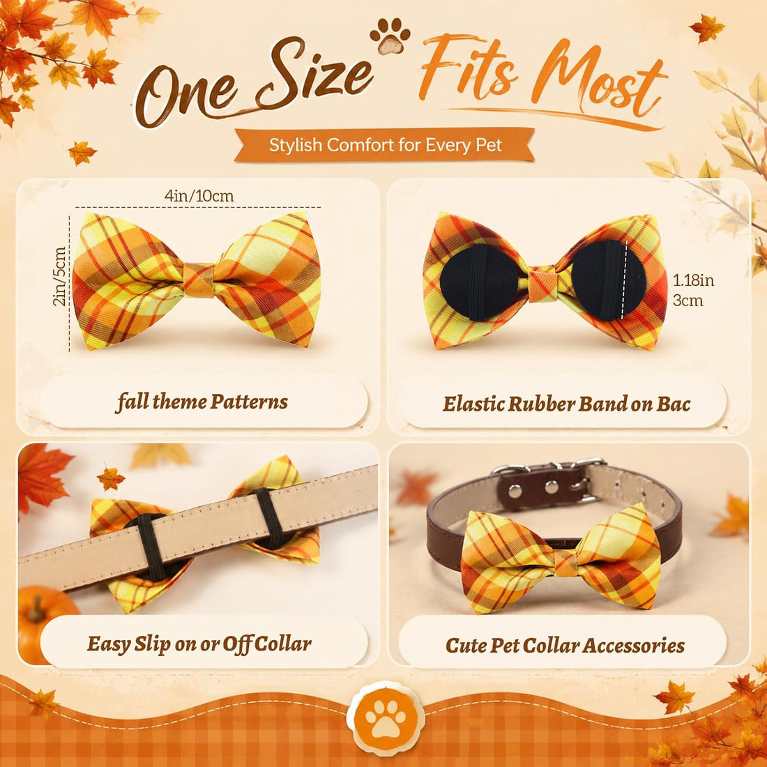 Silkfly 60 Pcs Fall Thanksgiving Plaid Dog Collar Bow Ties Bulk