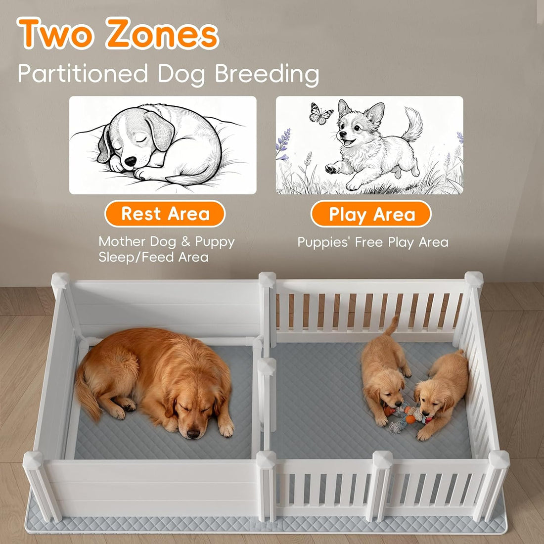 Whelping Box for Dogs, Puppies,with Pig Rails Washable Pad