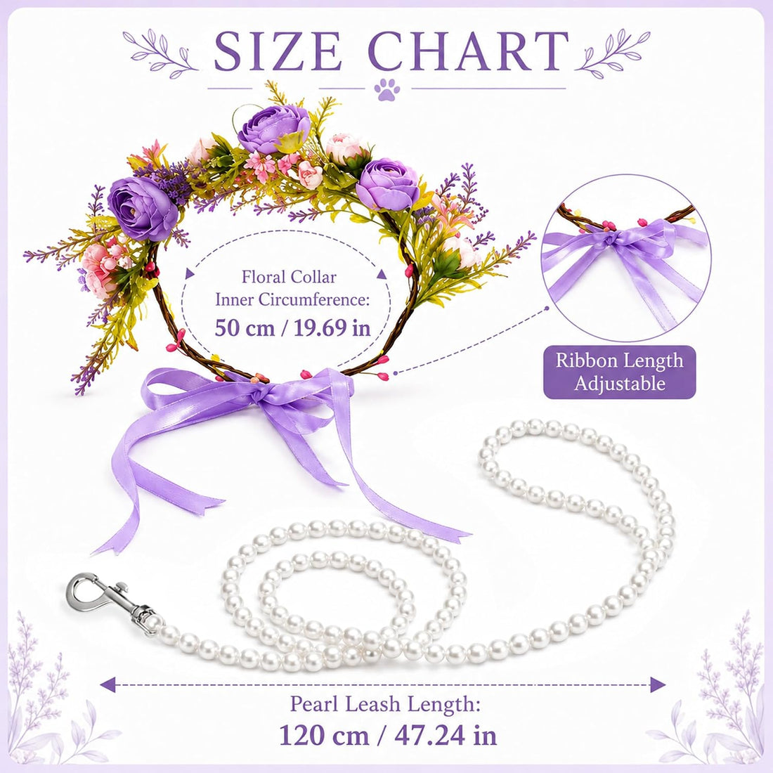 Dog Wedding Flower Collar with Pearl Leash,2 PCS Purple Rose