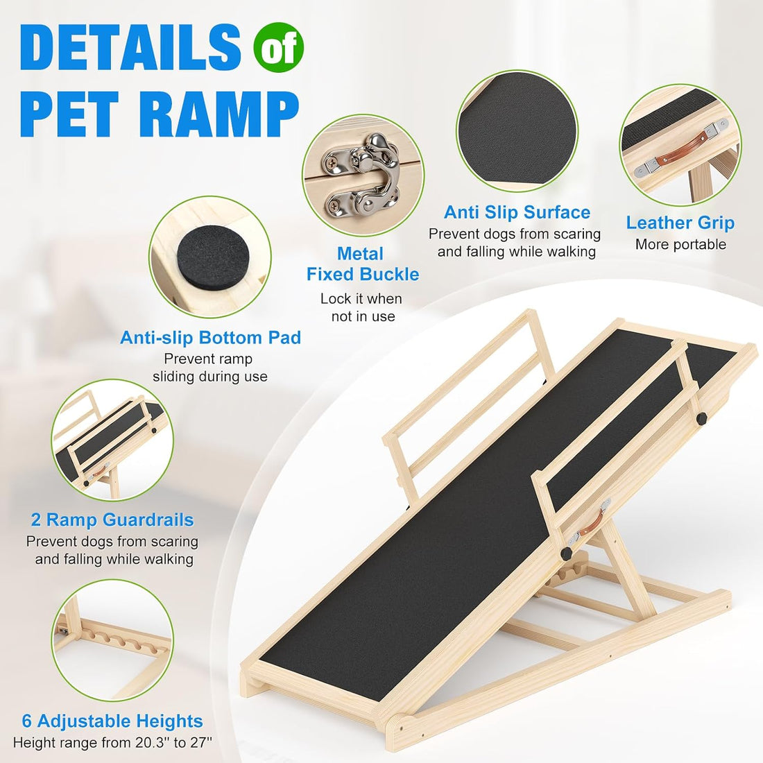 Tresbro Dog Ramp for Bed, 47'' Long 20.3''-27'' Adjustable Height Pet