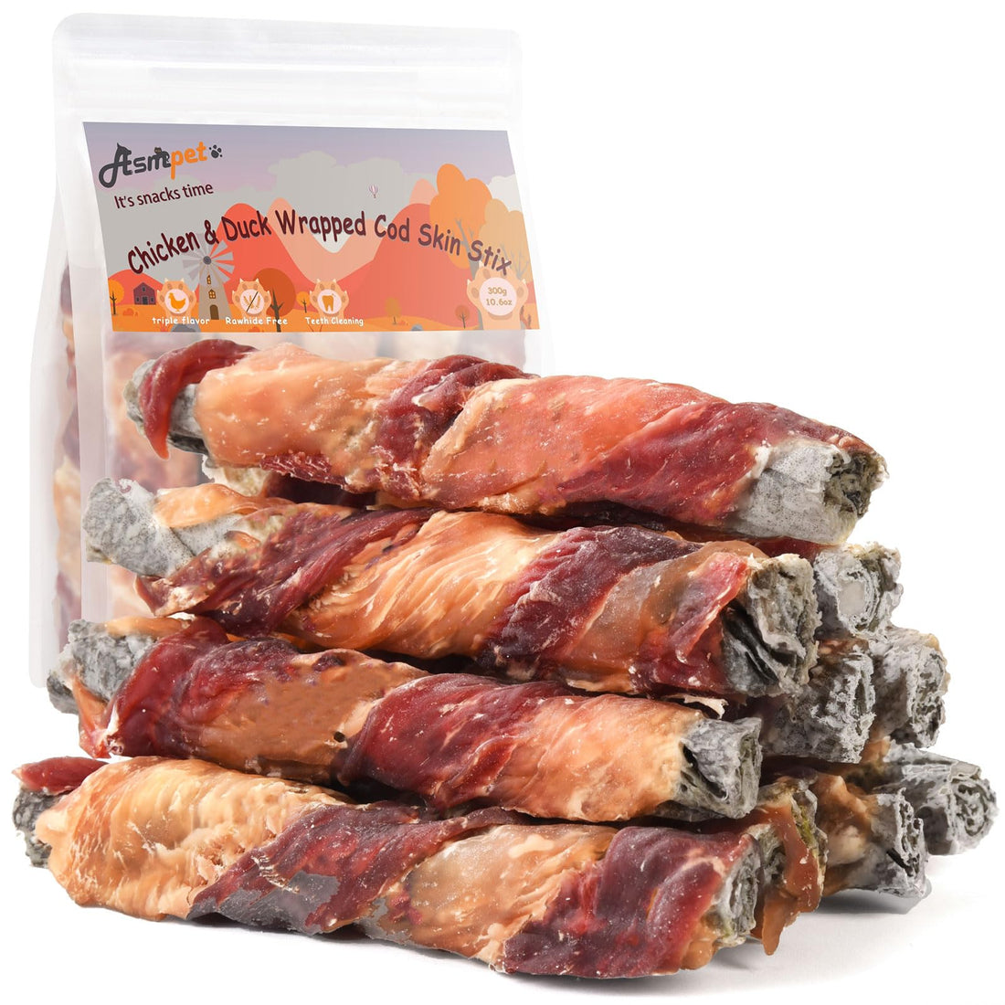 ASMPET Dog Cod Skin Treats, Chicken & Duck Wrapped Cod Skin Sticks