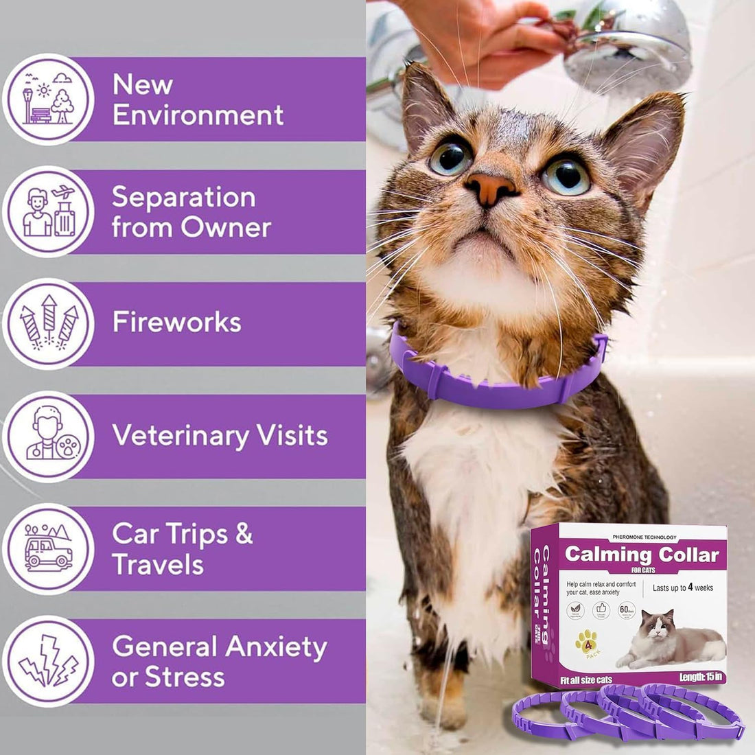 Cat Calming Collars, 4 Pack, 15-Inch Adjustable, Up to 60 Days