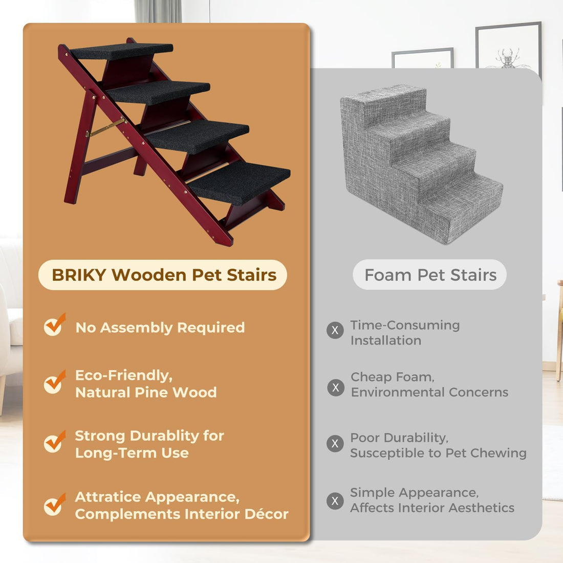 BRIKY Wooden Dog Stairs/Steps, Foldable 4 Steps