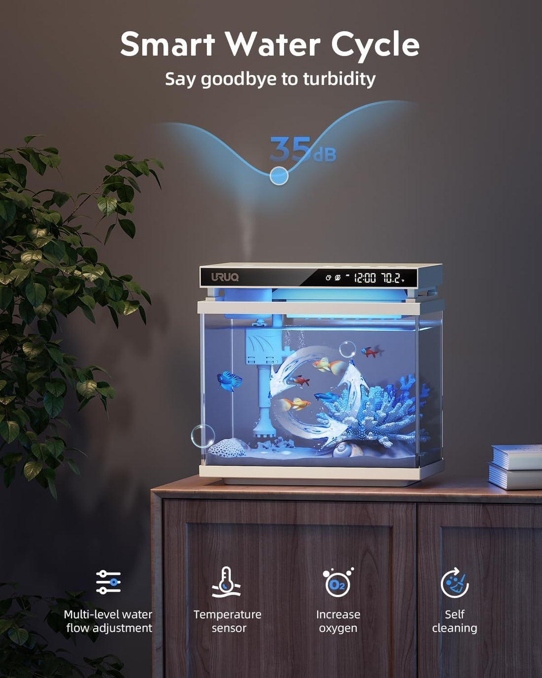 URUQ Fish Tank Smart Aquarium Kit 2 Gal UHD Glass Aroma Diffuser
