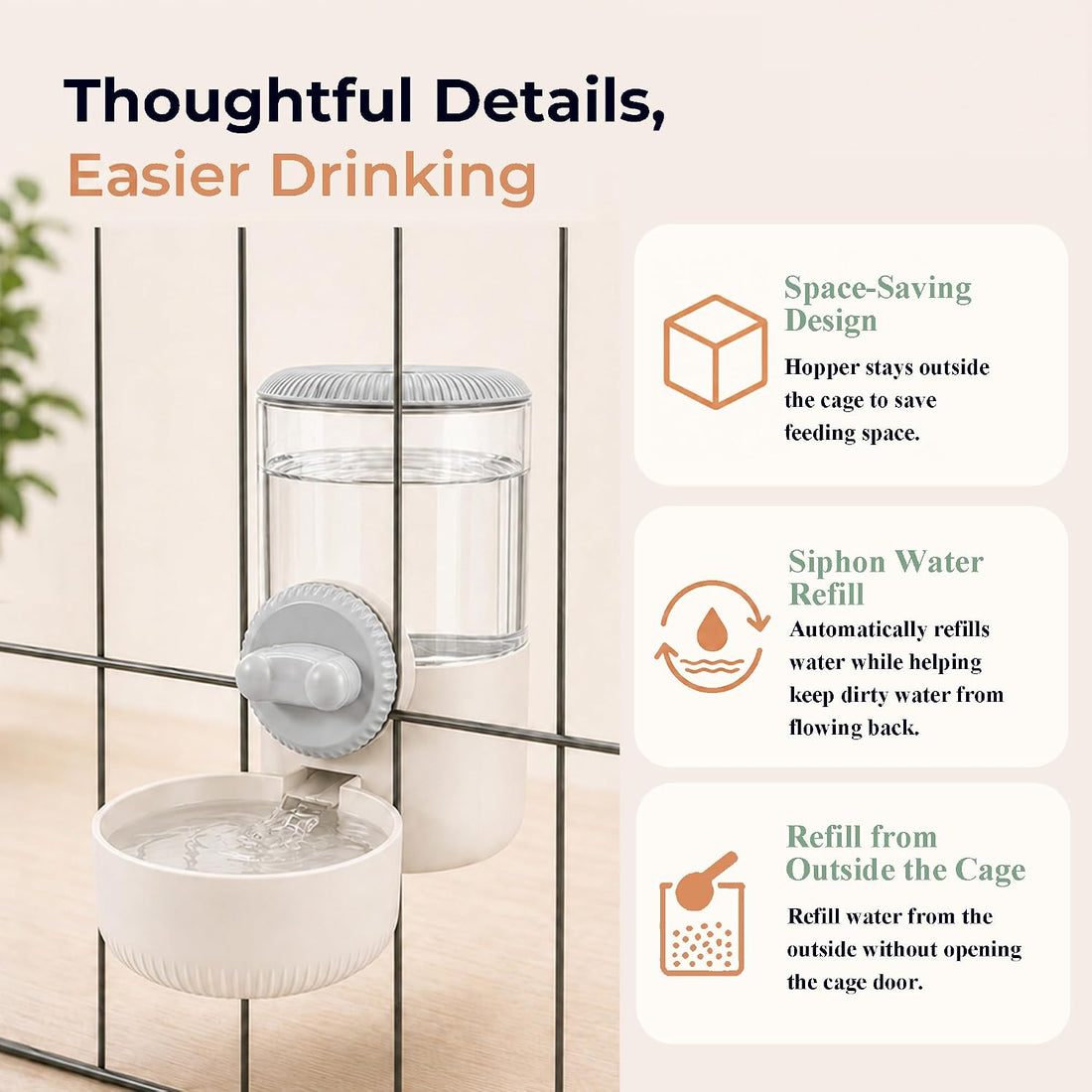 34 oz Cage-Hanging Gravity Water Bowl & Pet Water Dispenser