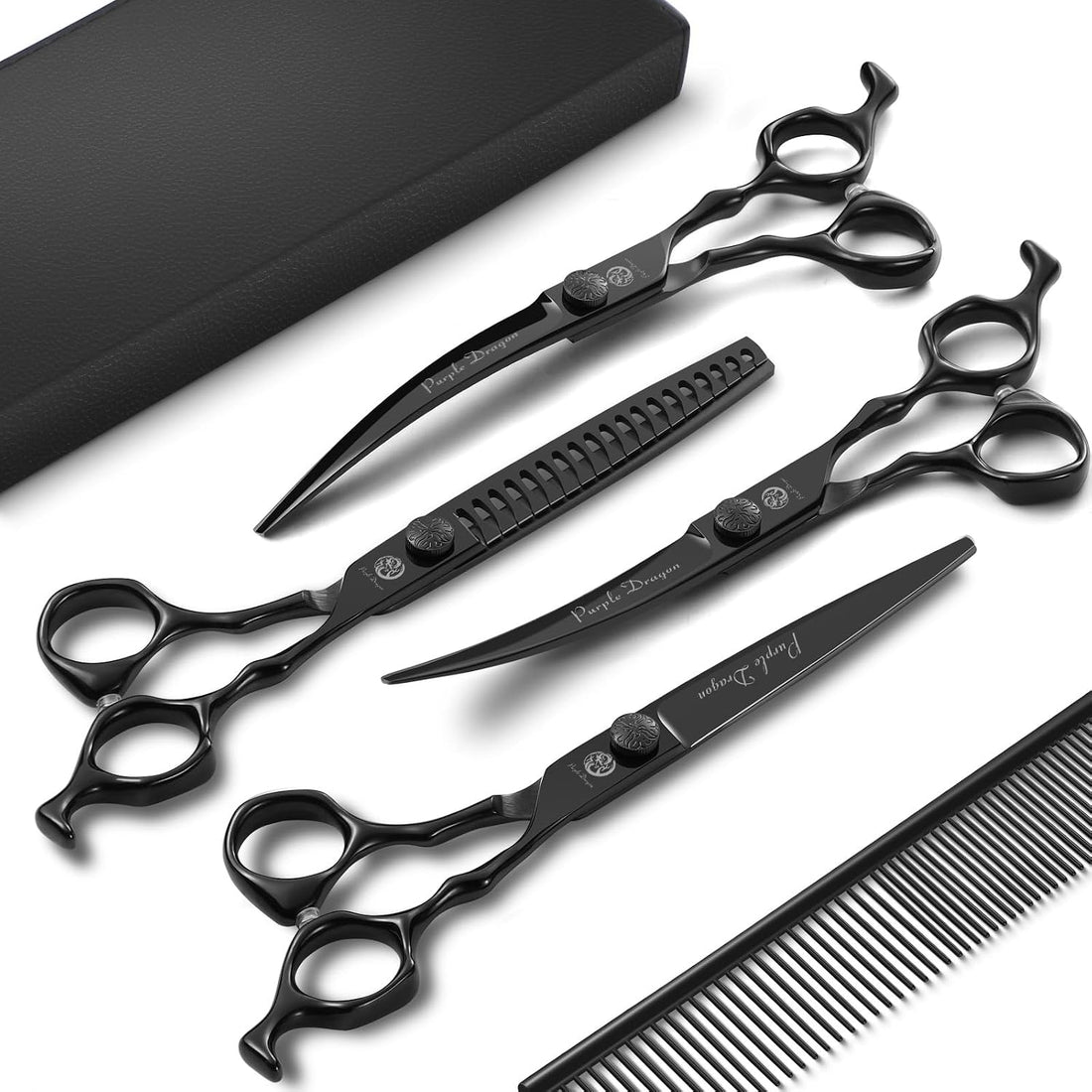 Purple Dragon Dog Grooming Scissors Set - Curved Thinning