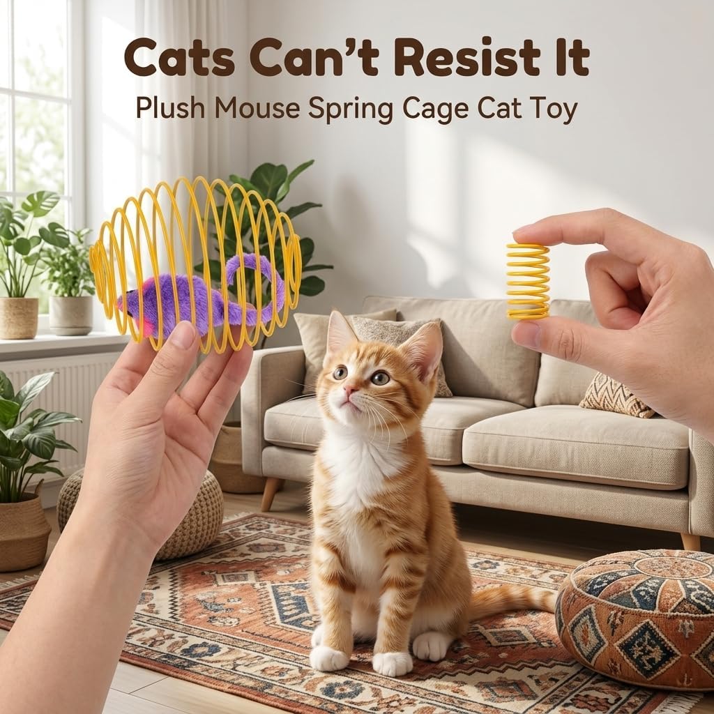 9 Pcs Cat Spring Toys Stretchable Metal Cage Spring Balls with Mice