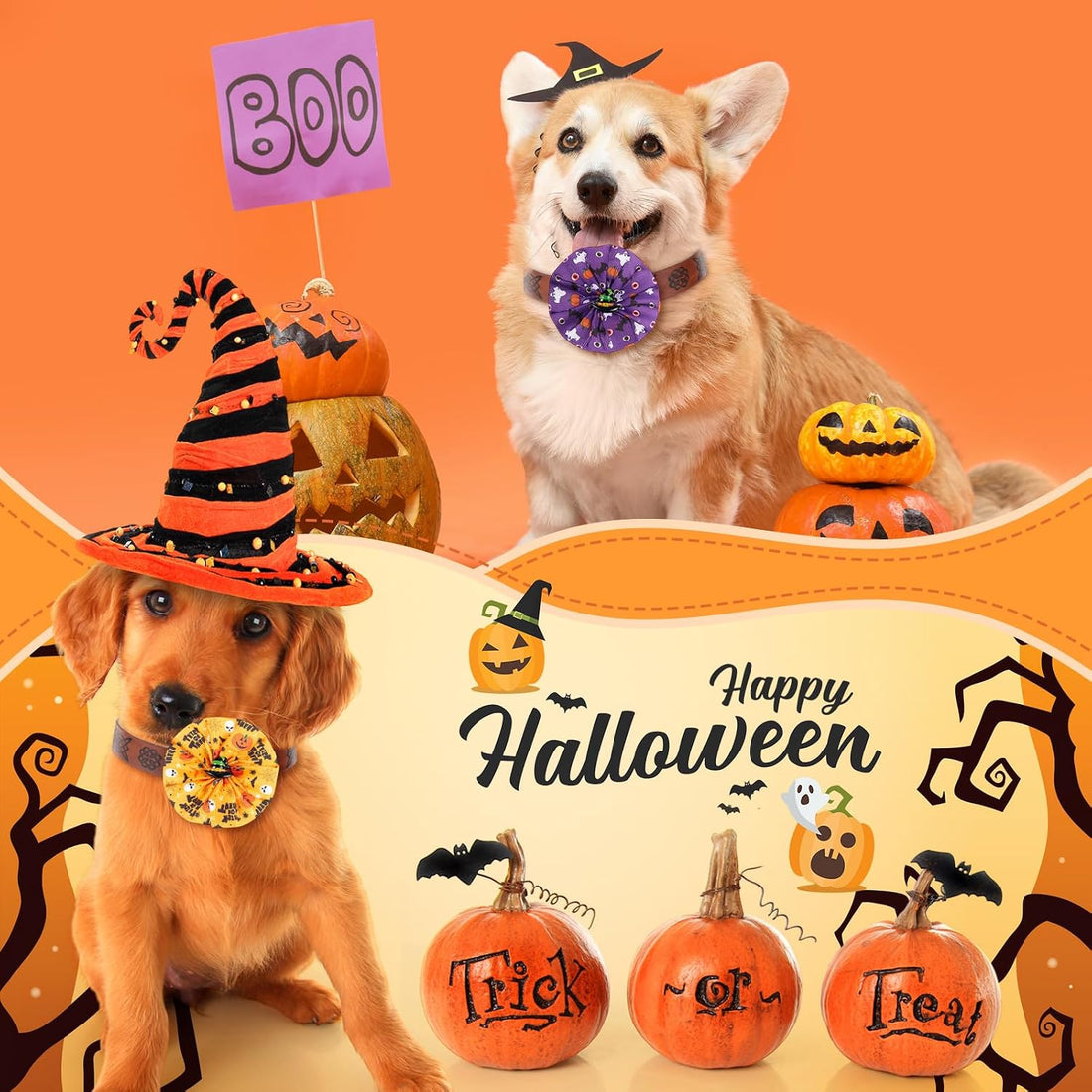 Huhumy 50 Pcs Halloween Dog Collar Bows Flowers Bulk for Small Medium